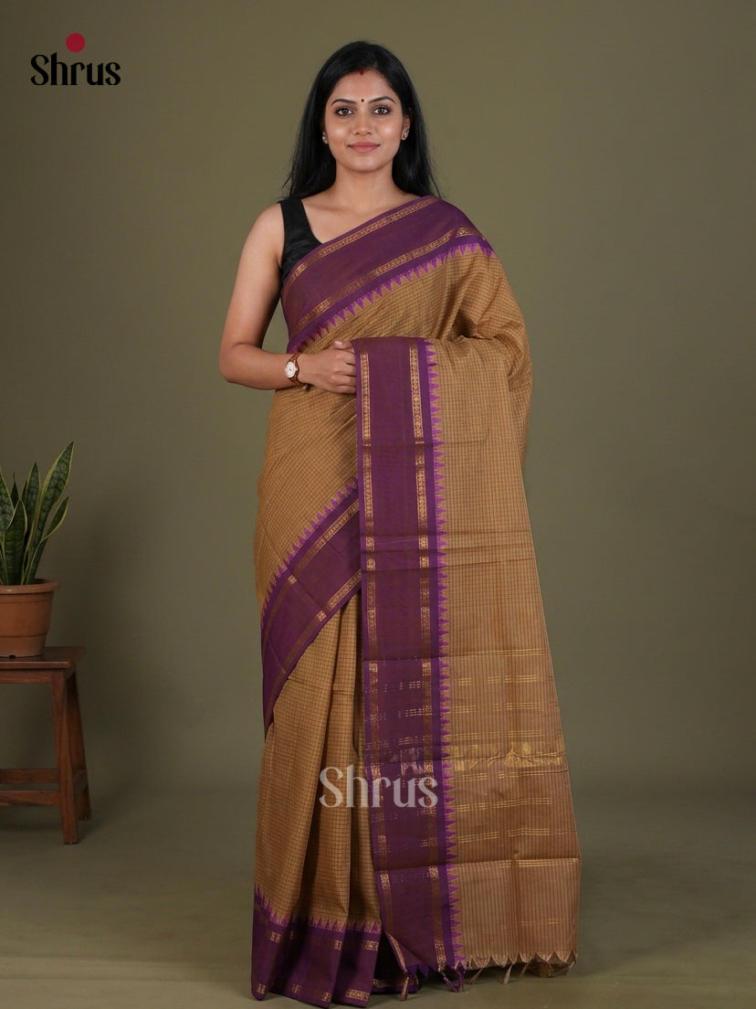 Chic Light Brown Chettinad Cotton Saree With Microchecks & Violet Rettapet Temple Zari Border - Shop on Shrus.com