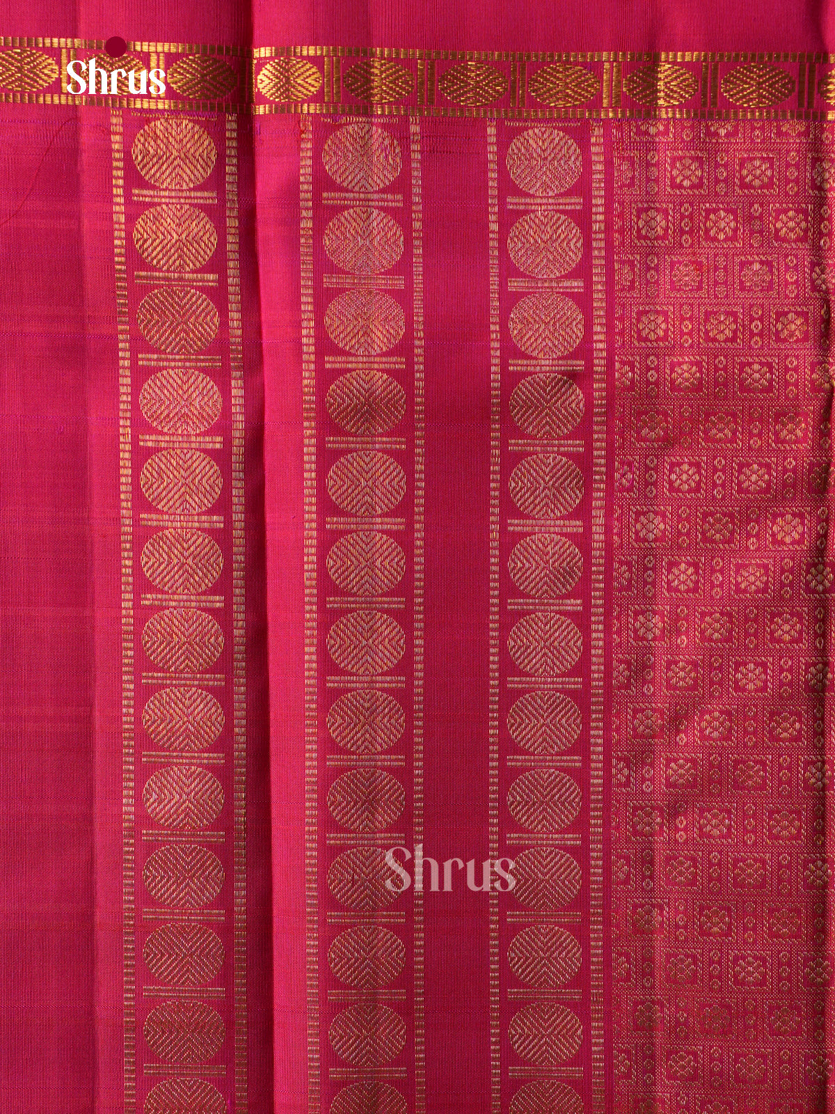 Chic Magenta Kanchipuram Pattu Saree With Green & Gold Striped Bands | Self Border With Zari Bands