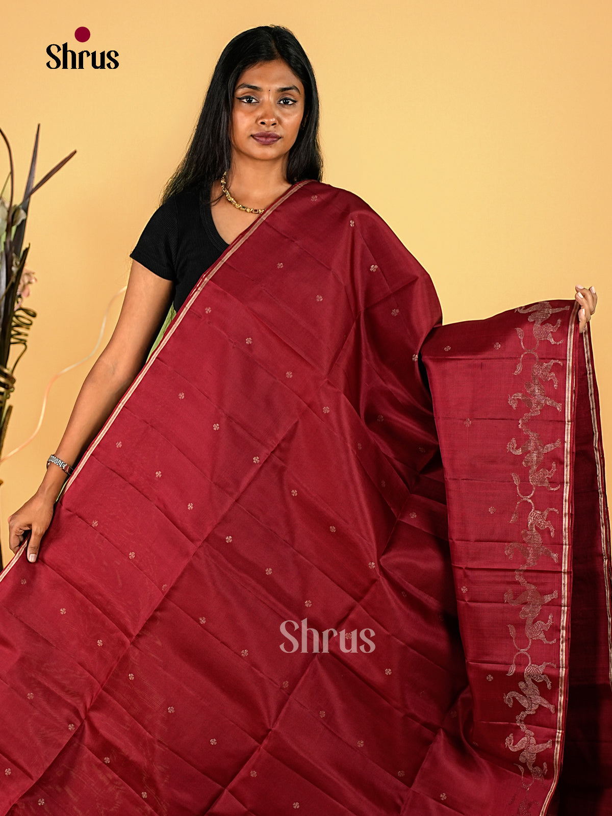 Chic Maroon Soft Silk Sarees with Silver Buttas, Thin Zari Border & Mythical Animal Woven Zari Pallu 1