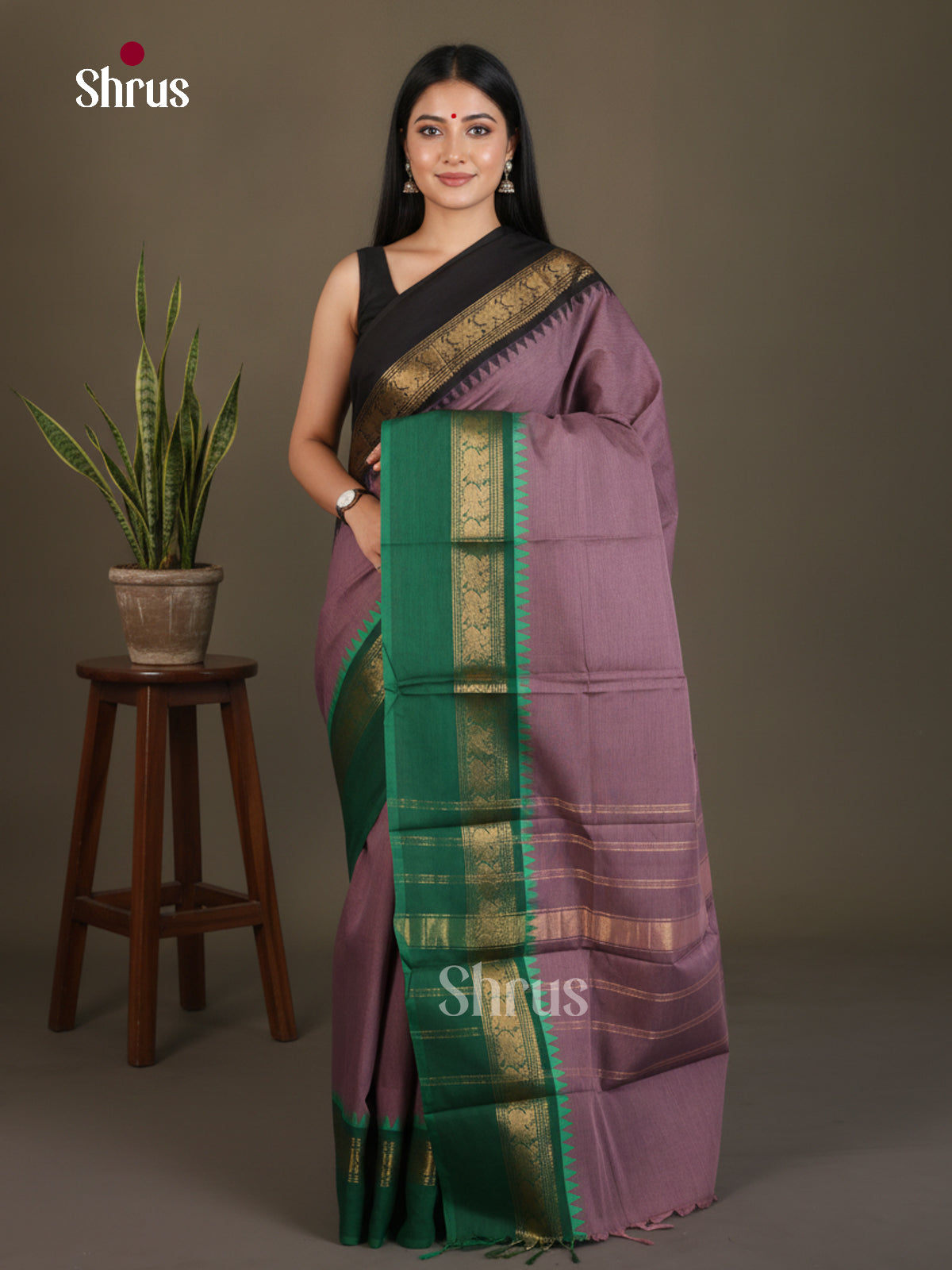 Chic Mauve Chettinad Cotton Saree With Ganga Jamuna Temple Zari Border & Traditional Pallu