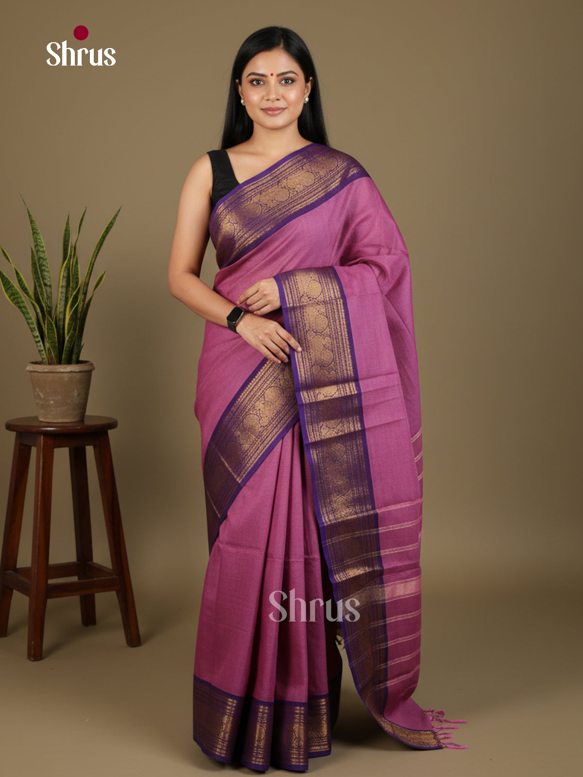 Chic Mauve Chettinad Cotton Saree With Violet Zari Border & Traditional Pallu