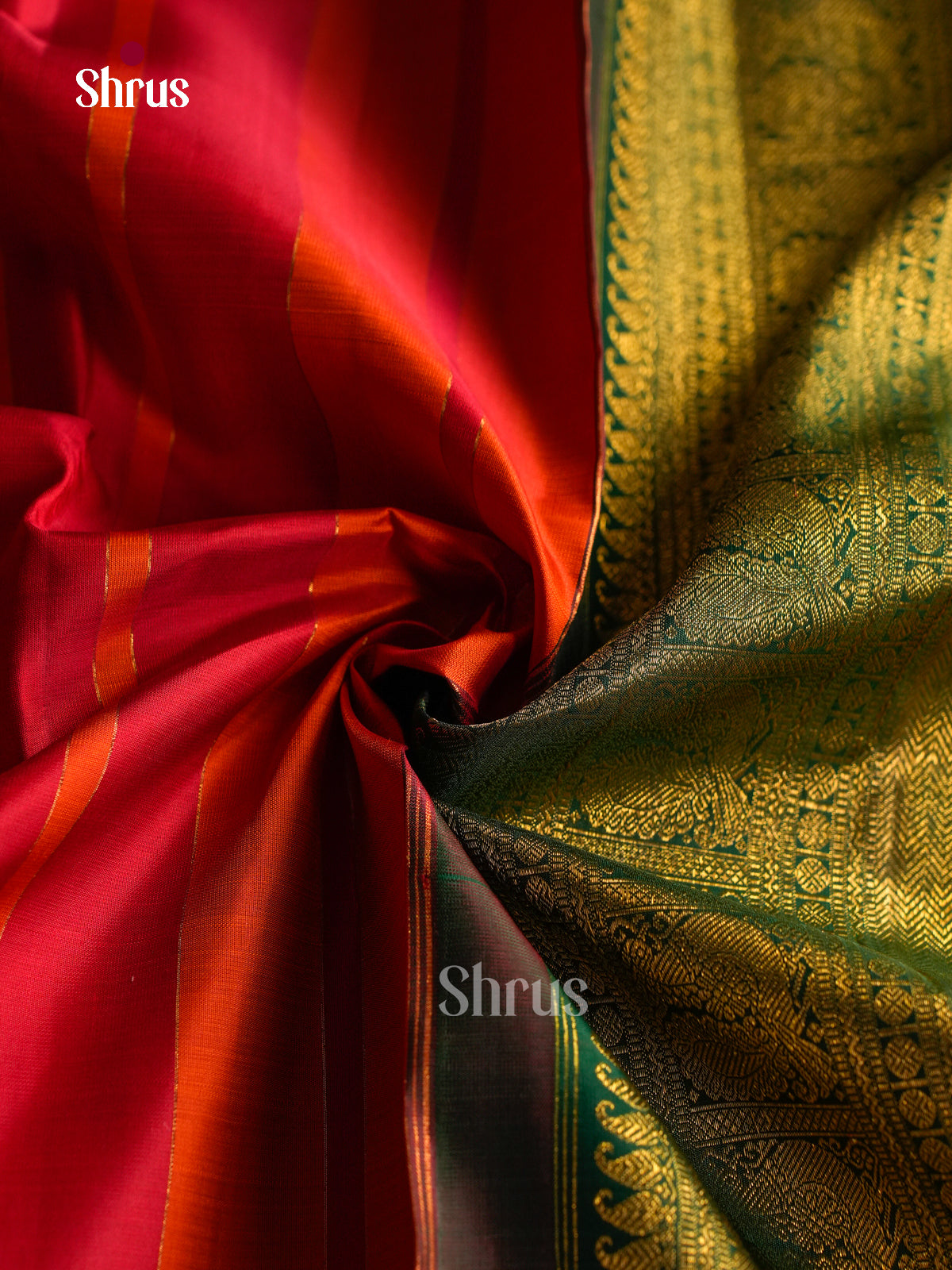 Chic Orange & Red Striped Silk Saree With Zari Lines | Green Rettapet Zari Border