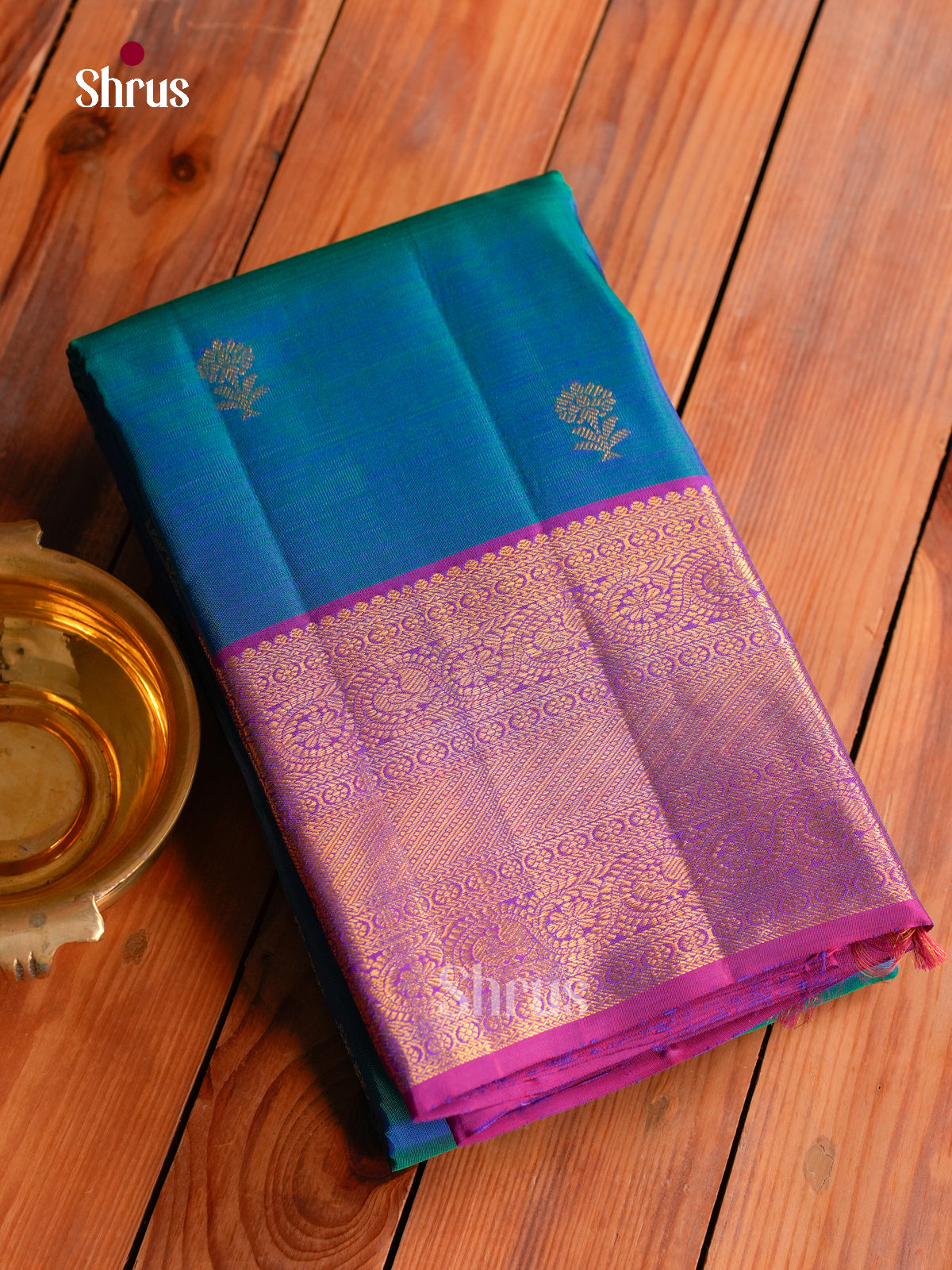 Chic Peacock Blue Kanchipuram Saree With Zari Floral Buttas | Purple Zari Border & Floral Brocade Pallu
