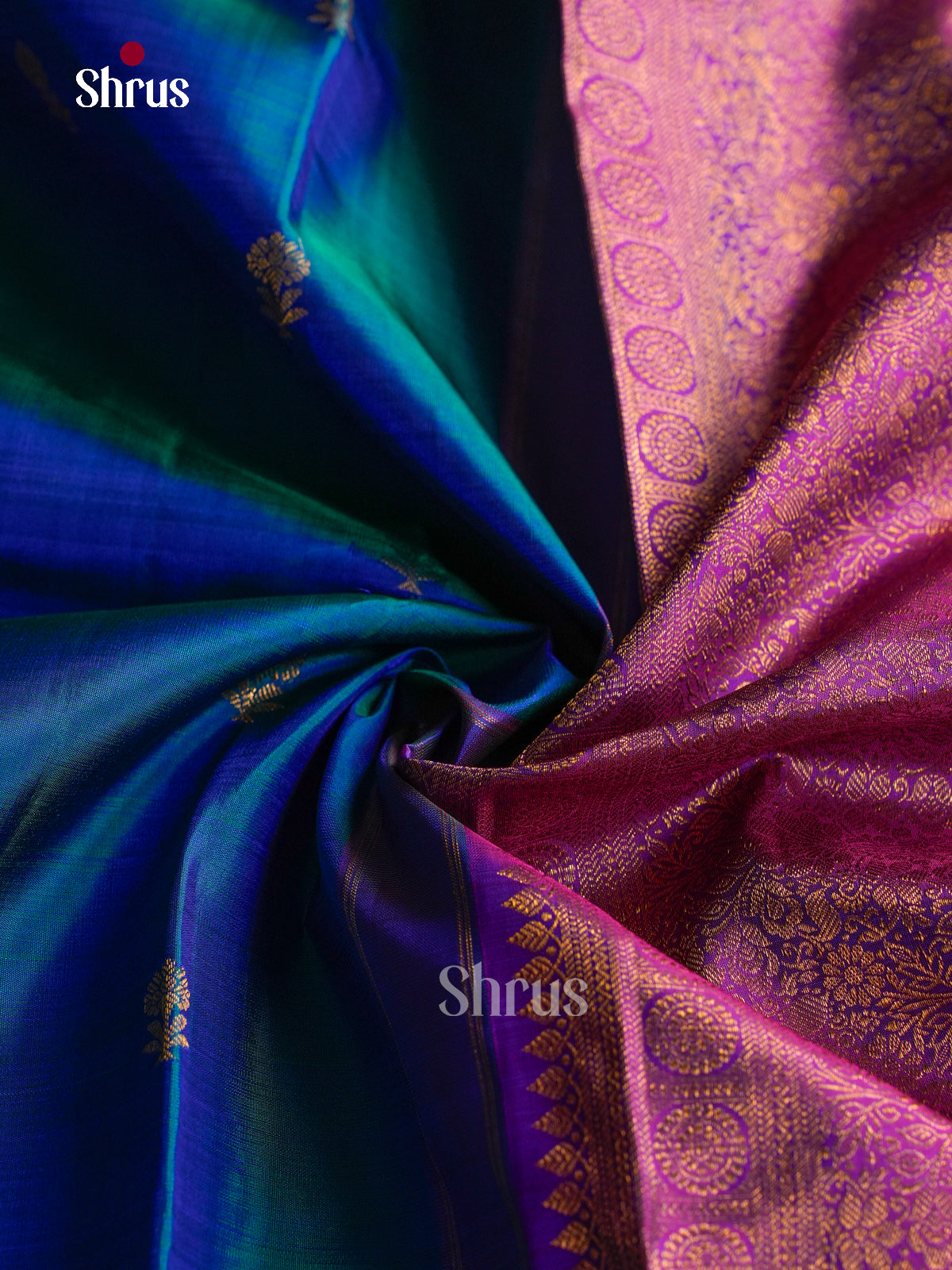 Chic Peacock Blue Silk Saree With Zari Floral Buttas | Purple Zari Border & Floral Brocade Pallu