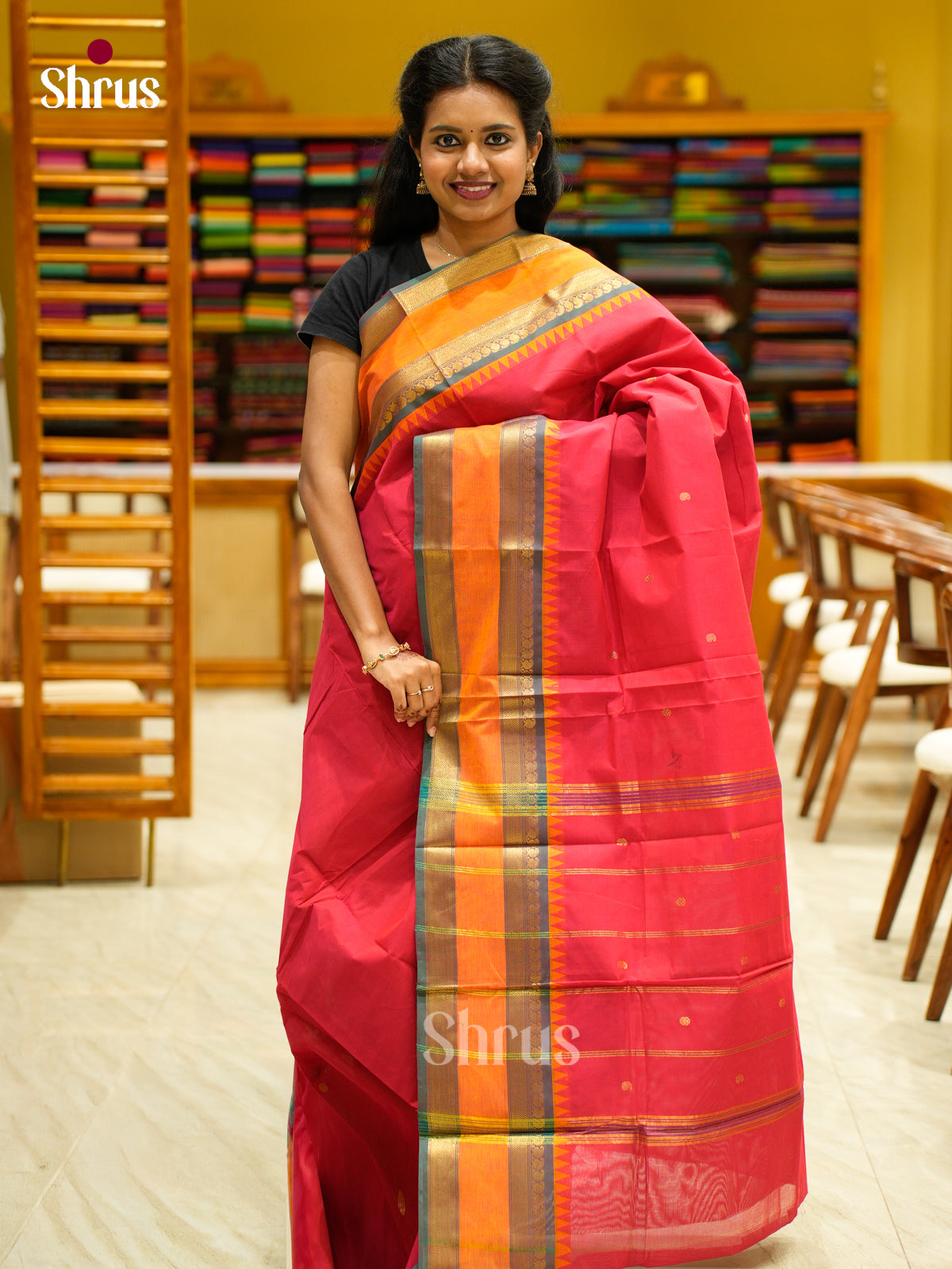 Chic Pink Chettinad Cotton Saree With Small Buttas & Orange Rettapet Temple Zari Border