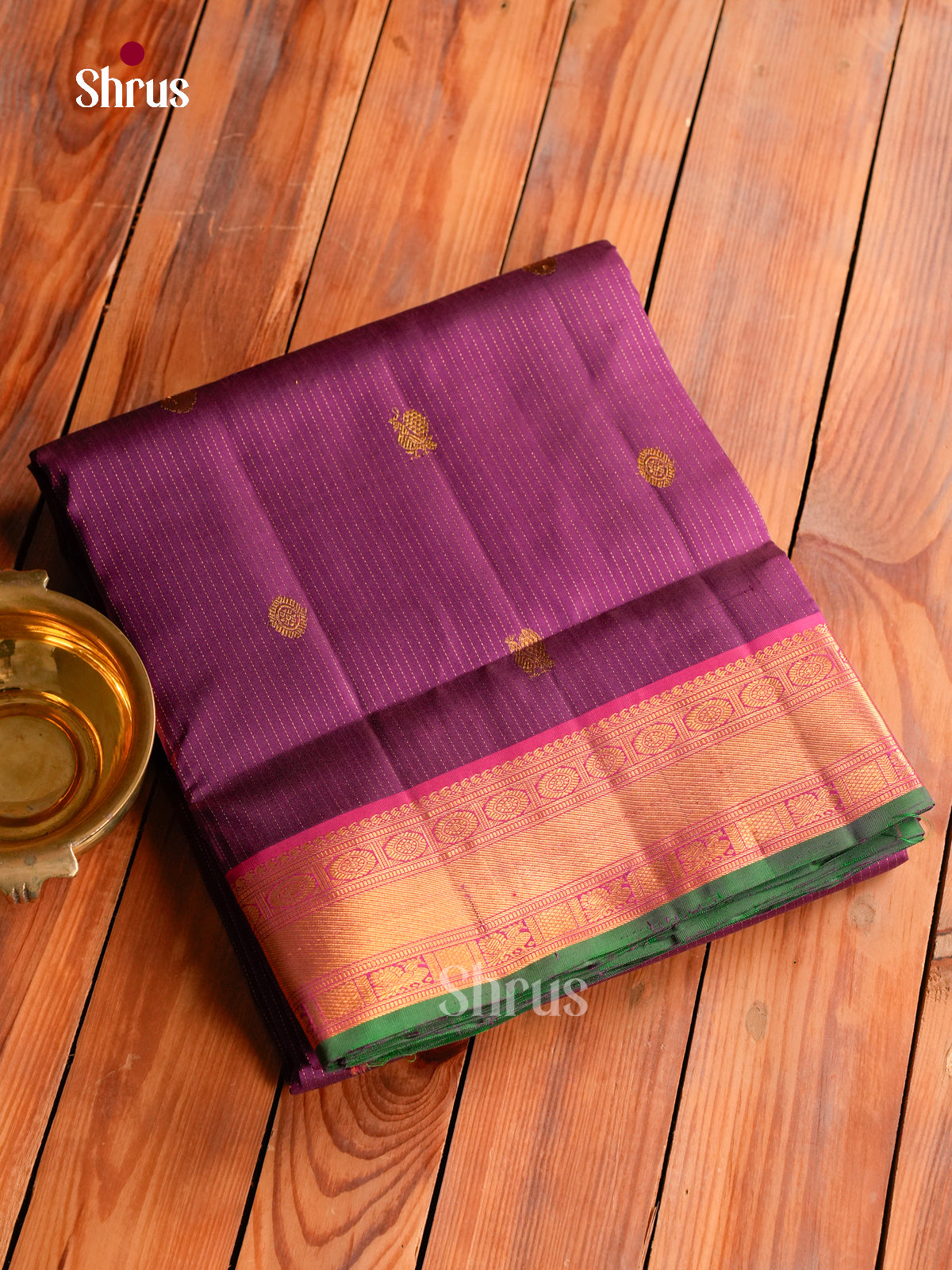 Chic Purple 9Yards Kanchipuram Saree With Fine Stripes & Buttas | Pink Zari Border & Pallu