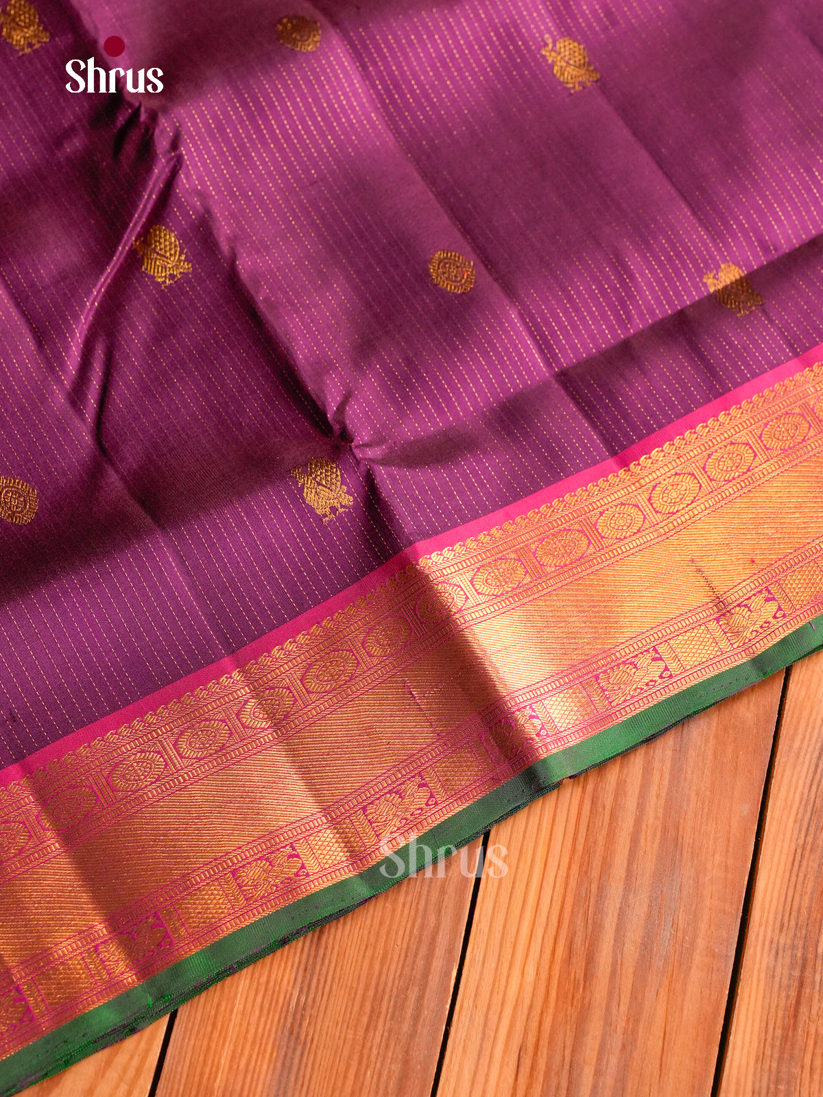 Chic Purple 9Yards Kanchipuram Sarees With Fine Stripes & Buttas | Pink Zari Border & Pallu