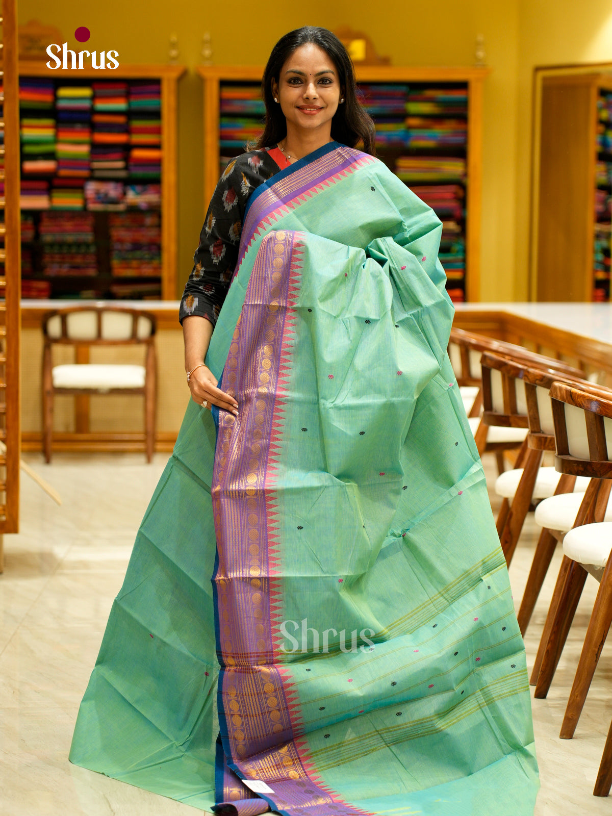 Chic Sea Green Chettinad Cotton Saree With Thread Buttas & Purple Temple Zari Border