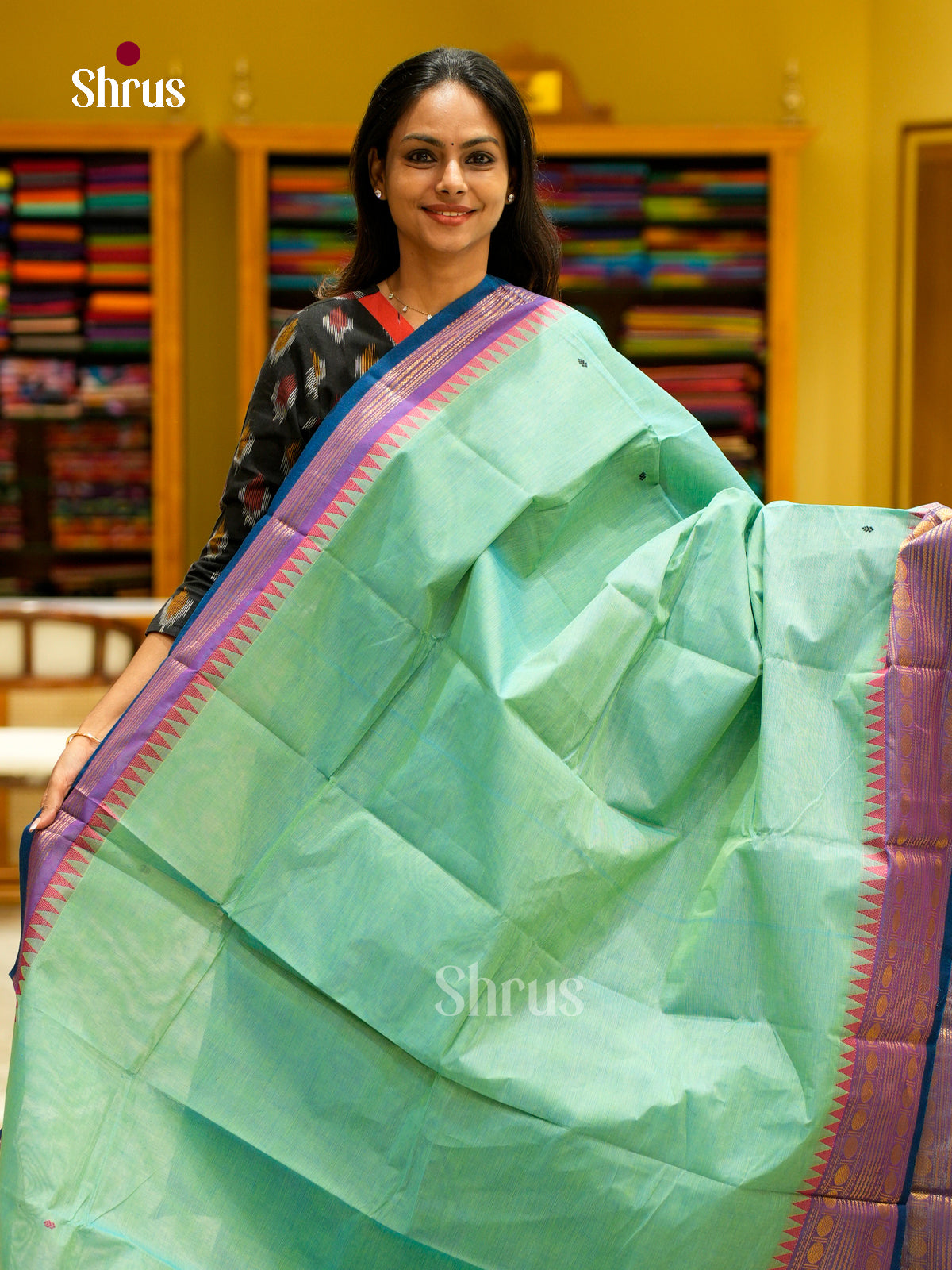 Chic Sea Green Chettinad Cotton Sarees With Thread Buttas & Purple Temple Zari Border