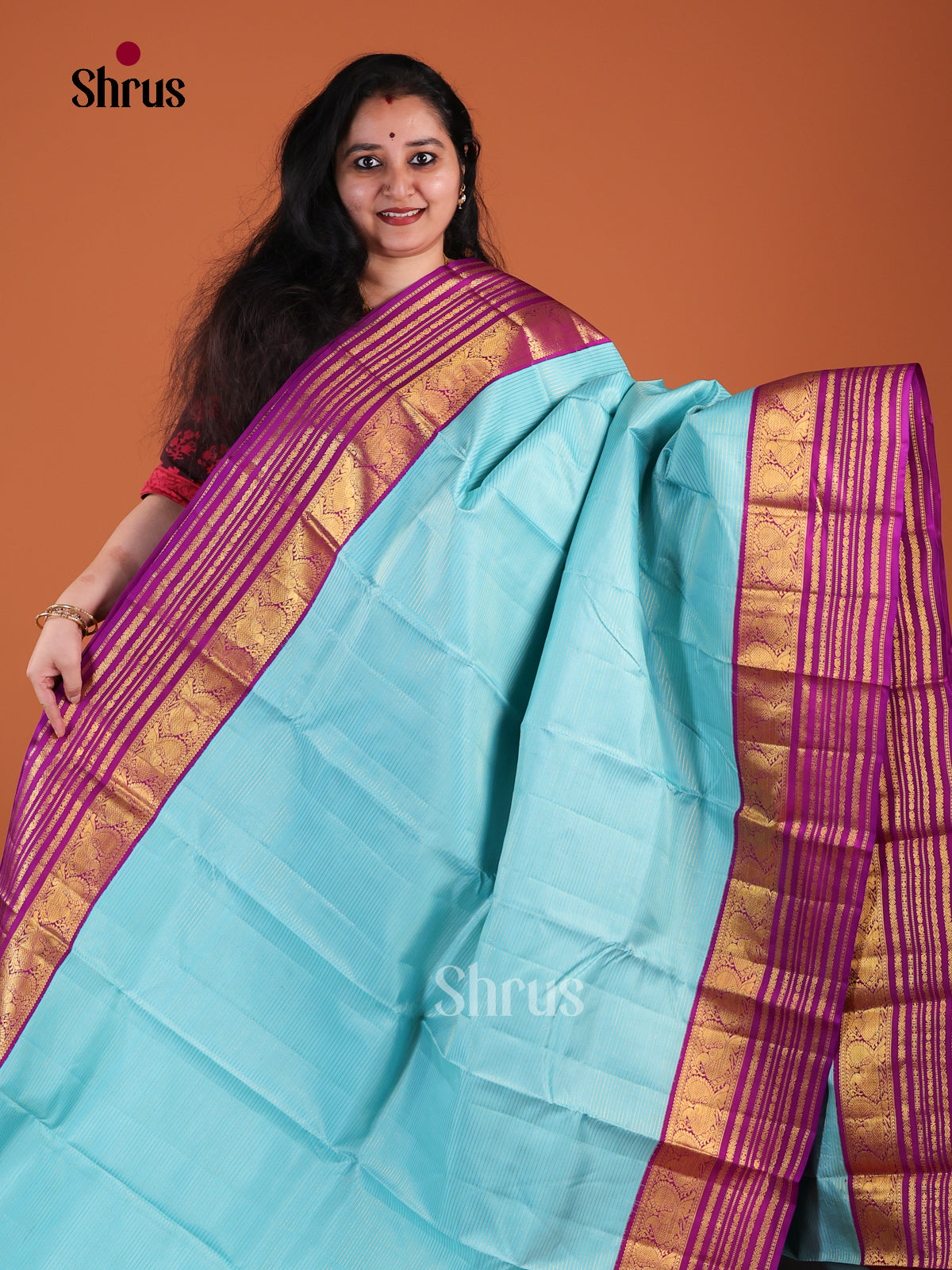 Chic Sky Blue Kanchipuram Pattu Saree With Fine Stripes | Purple Zari Striped Border & Brocade Pallu