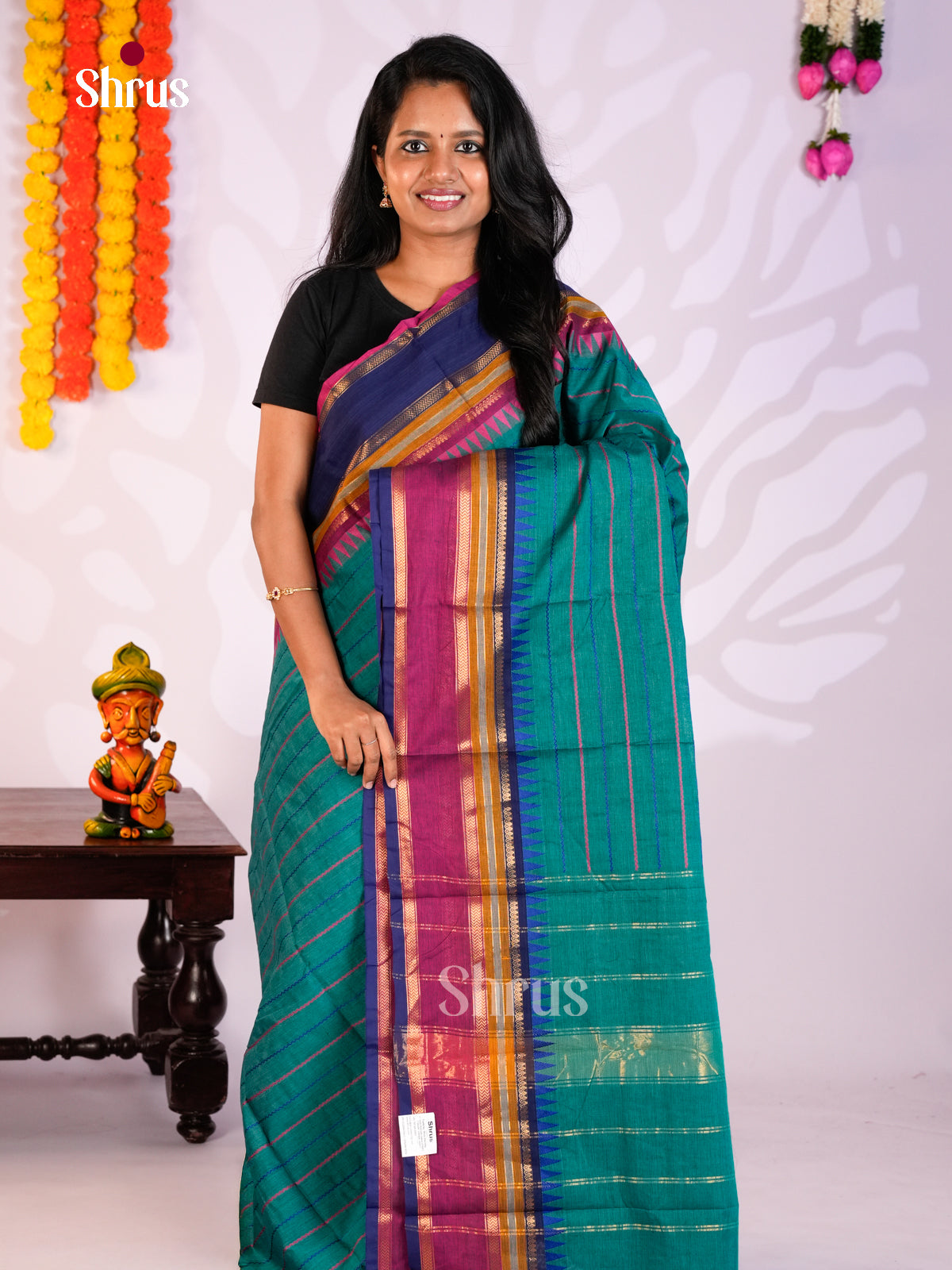 Chic Teal Chettinad Cotton Saree With Thread Stripes & Zari Rettaipet Temple Border