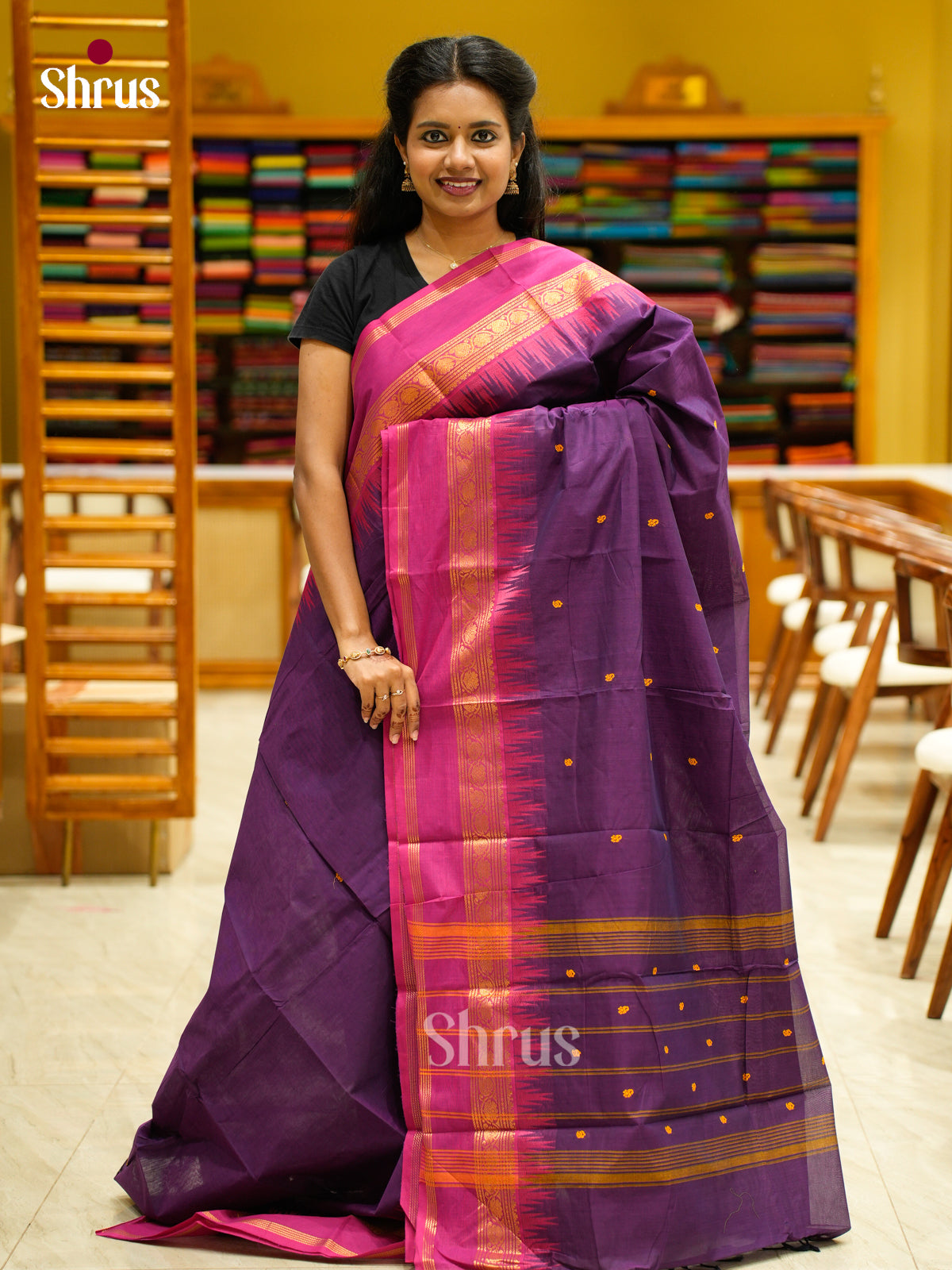 Chic Violet Chettinad Cotton Saree With Small Buttas & Pink Rettapet Zari Border