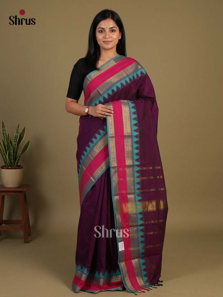 Chic Wine Chettinad Cotton Saree With Plain Body & Turquoise Rettapet Zari Border With Temple Pattern