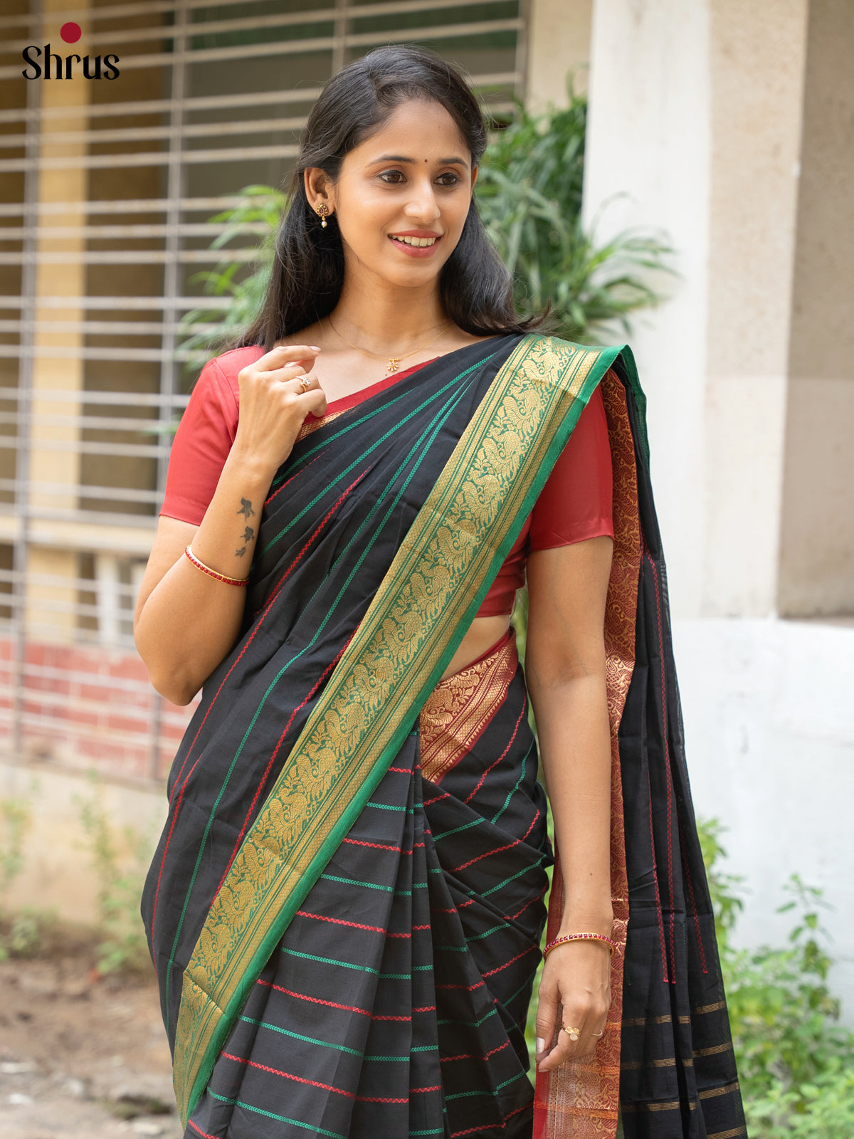 Classic Black Chettinad Saree With Stripes & Ganga Jamuna Zari Border