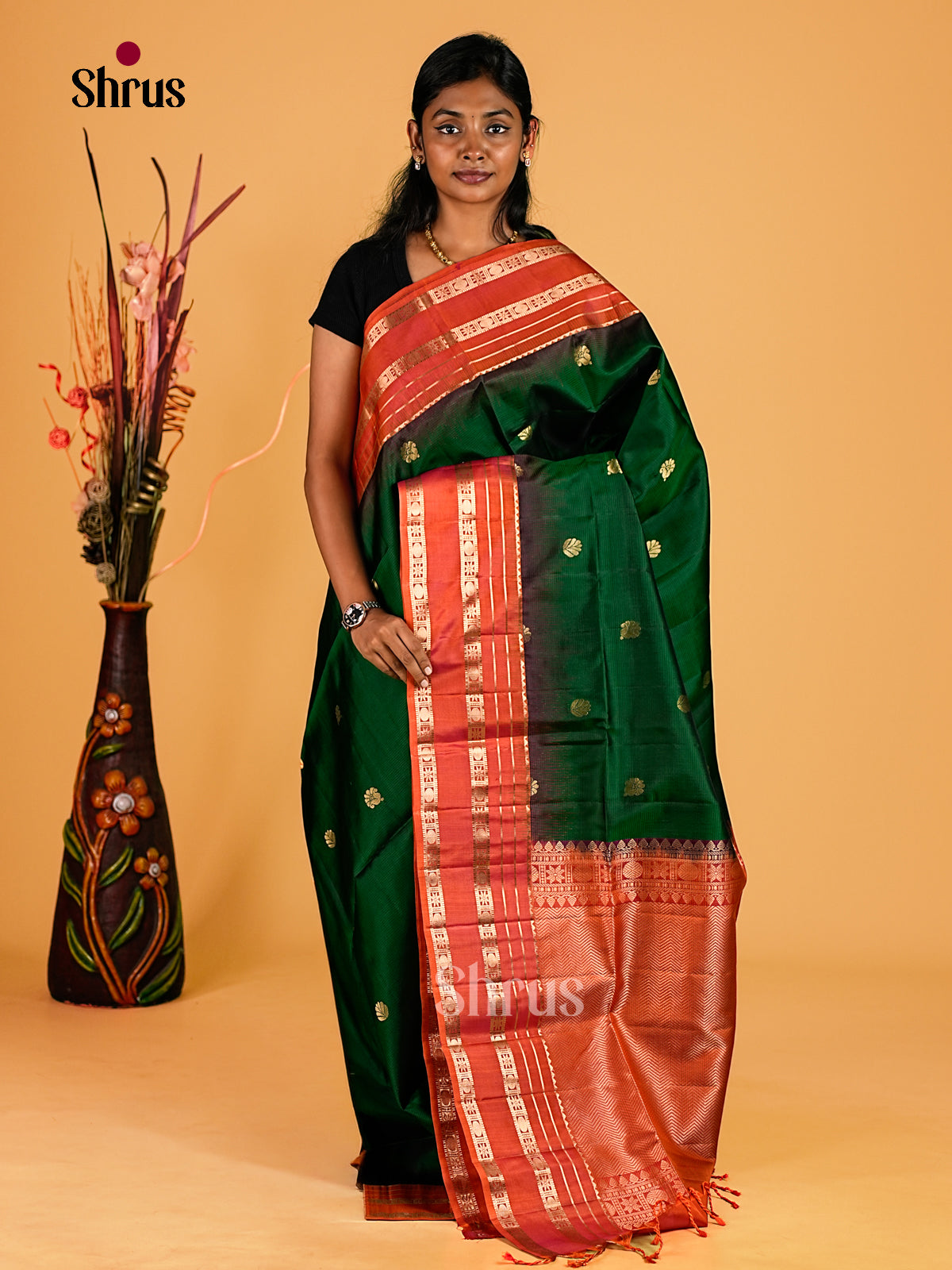 Classic Bottle Green Soft Silk Sarees with Gold Buttas, Coral Red Rettapet Zari Border & Brocade Pallu
