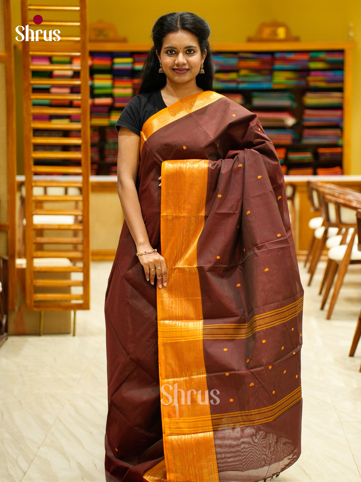 Classic Brown Chettinad Cotton Saree With Thread Buttas & Mustard Zari Border