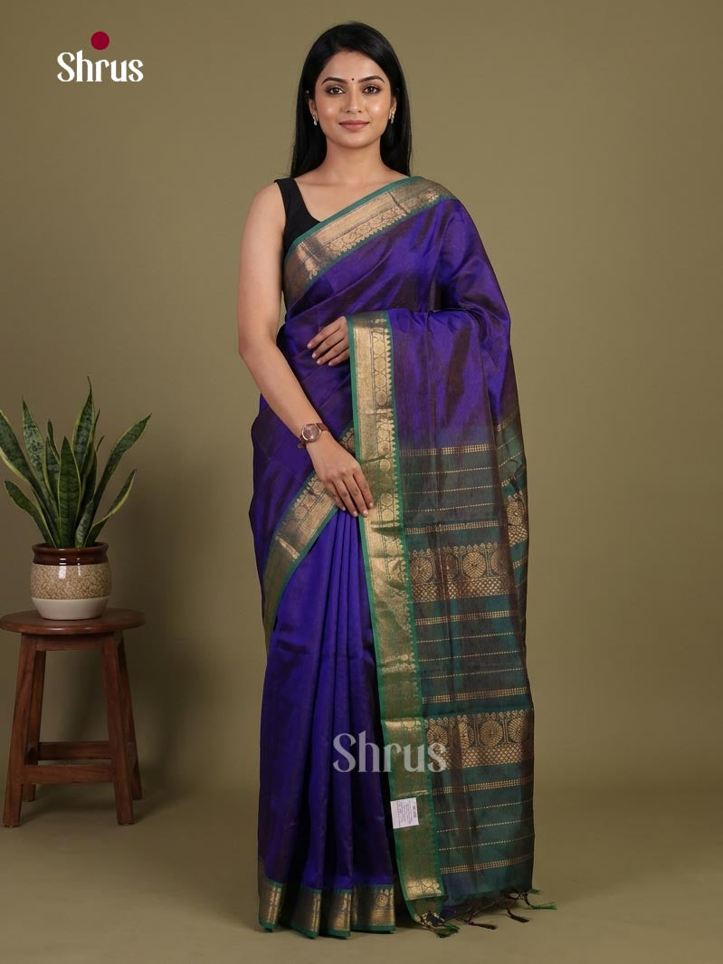 Classic Eggplant Purple Cotton Silk Saree With Plain Body, Peacock Green Zari Border & Chit Pallu
