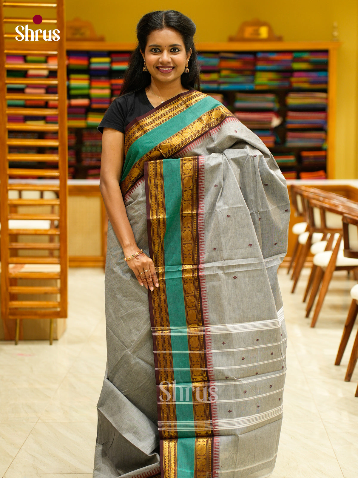 Classic Grey Chettinad Cotton Saree With Thread Buttas & Brown Temple Zari Border