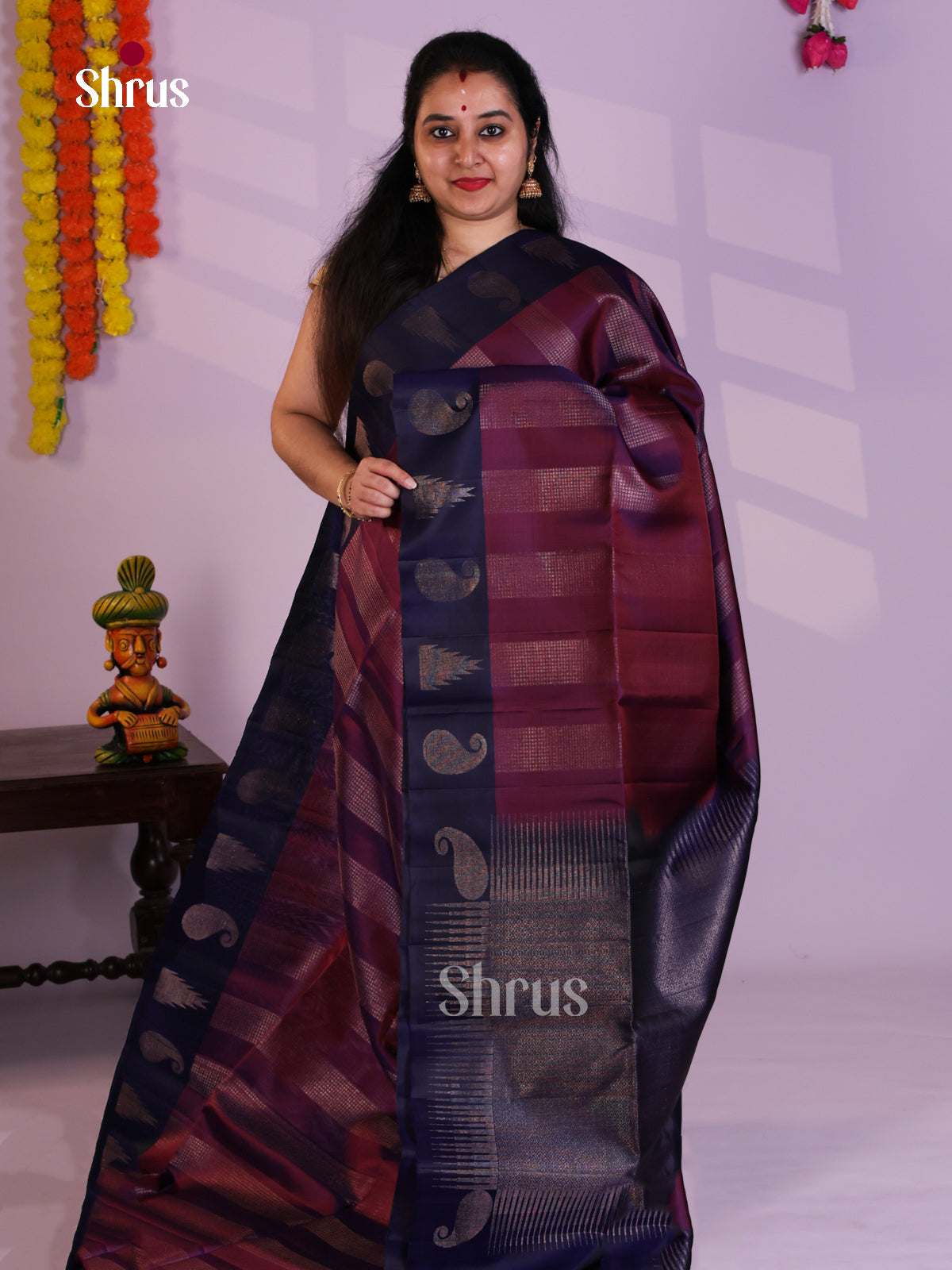 Buy Classic Maroon Soft Silk Saree with Zari Striped Blocks & Navy Blue Border With Woven Motifs