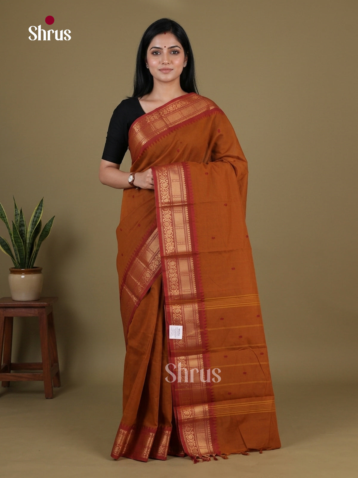 Classic Mustard Chettinad Cotton Saree With Thread Buttas & Red Temple Zari Border