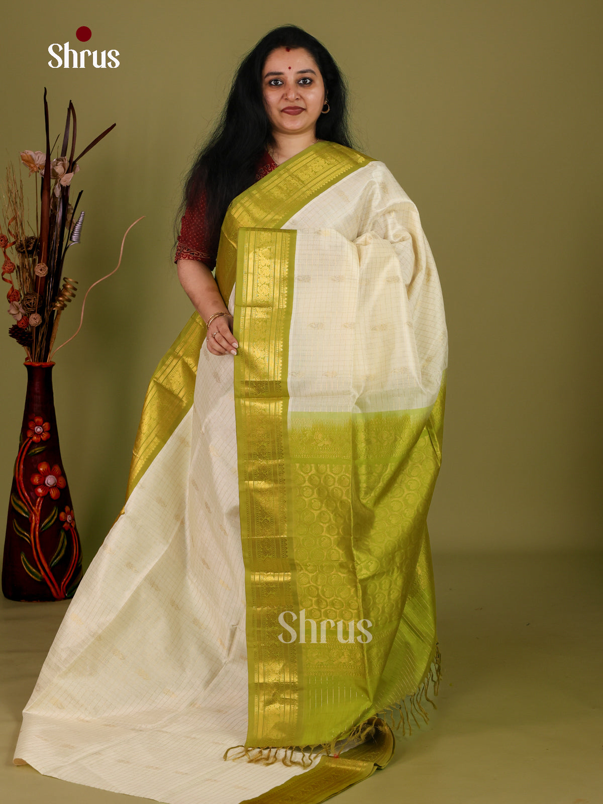 Classic Off White Cotton Silk Saree With Gold Checks, Buttas, Mustard Green Zari Border & Brocade Pallu