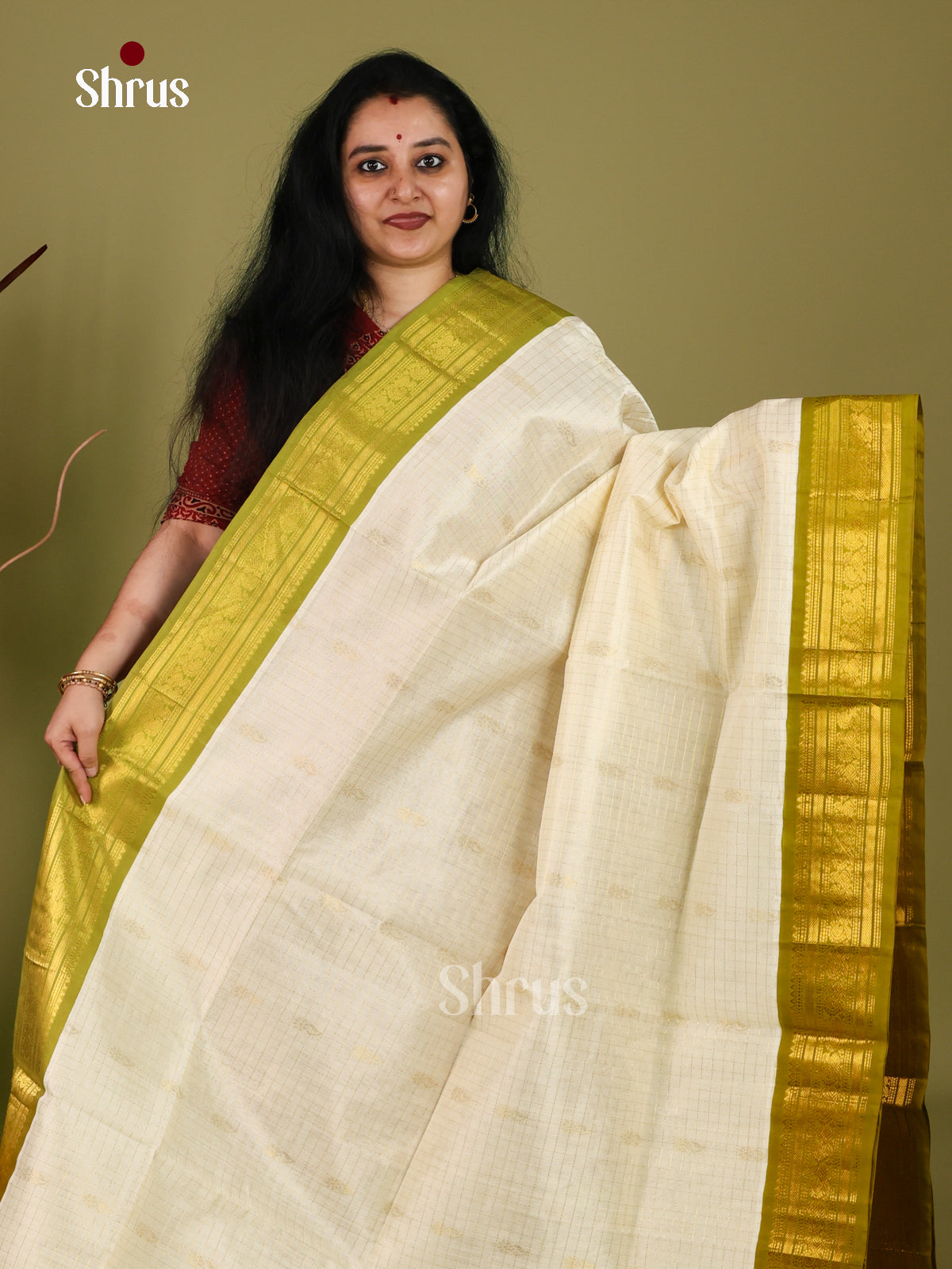 Classic Off White Cotton Silk Saree With Gold Checks, Buttas, Mustard Green Zari Border & Brocade Pallu 1