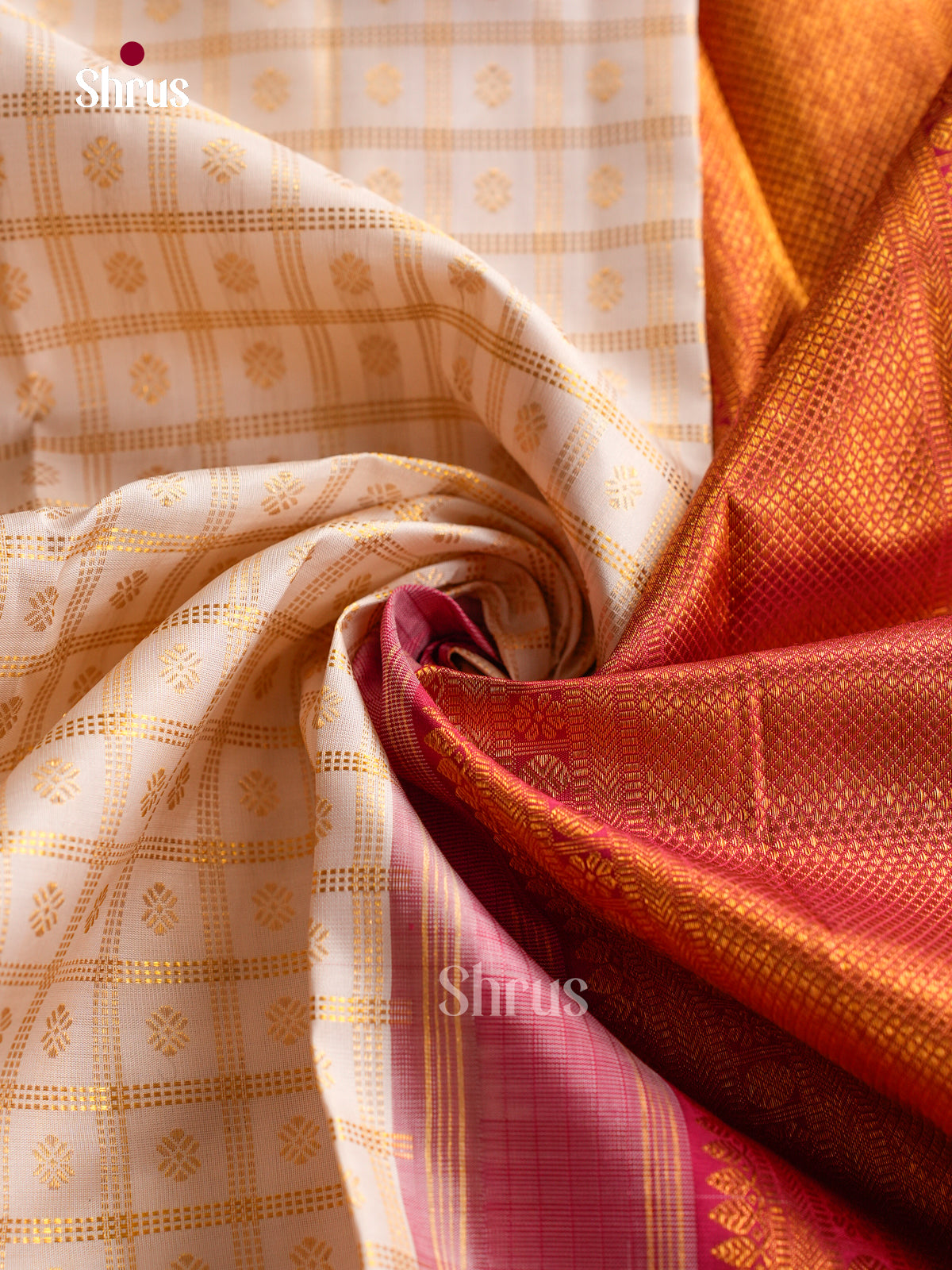 Classic Off White Kanchipuram Pattu Saree With Zari Checks, Floral Buttas & Deep Pink Temple Zari Border