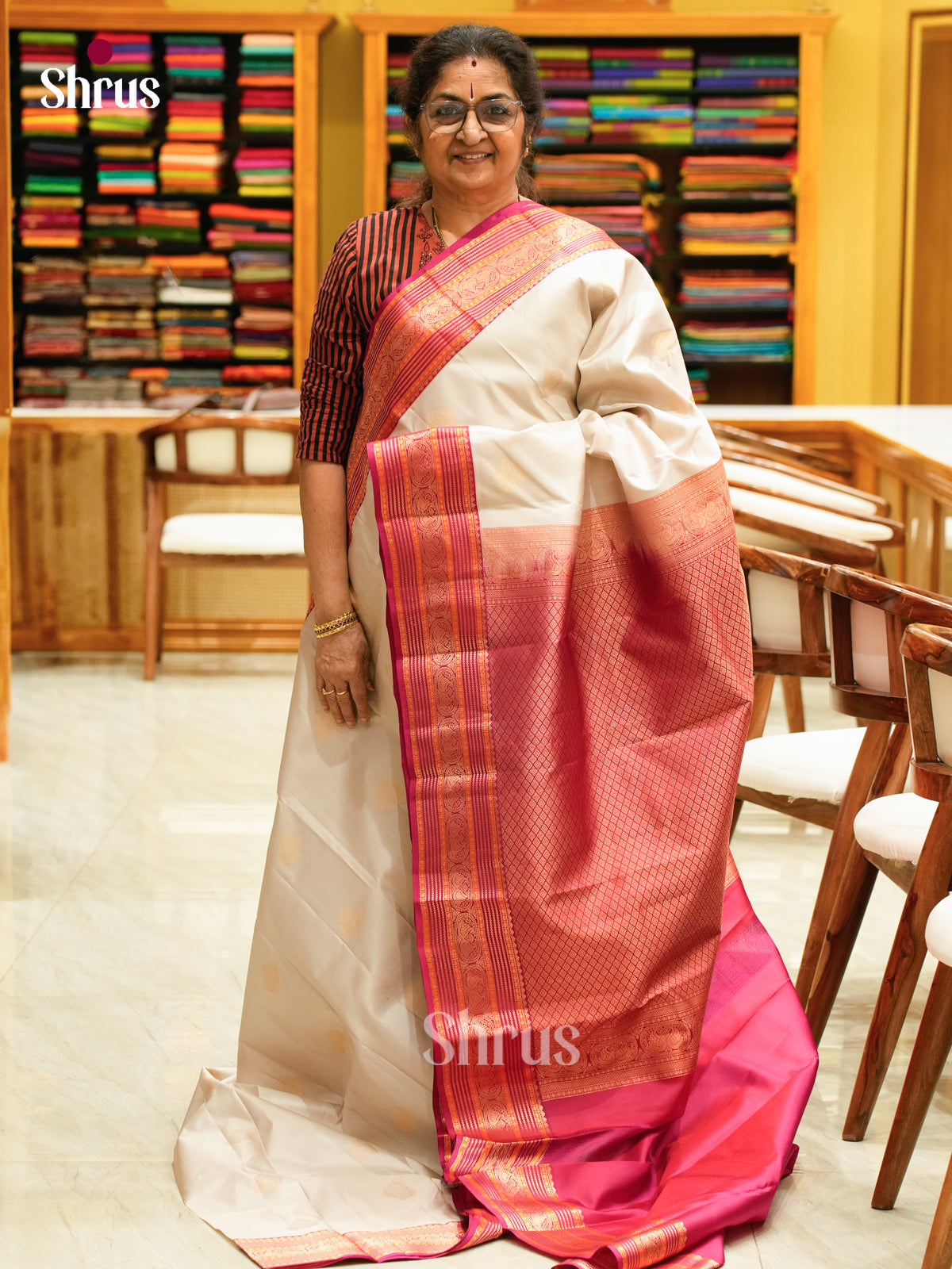 Classic Off White Kanchipuram silk Saree With Gold Buttas | Pink Zari Striped Border & Brocade Pallu