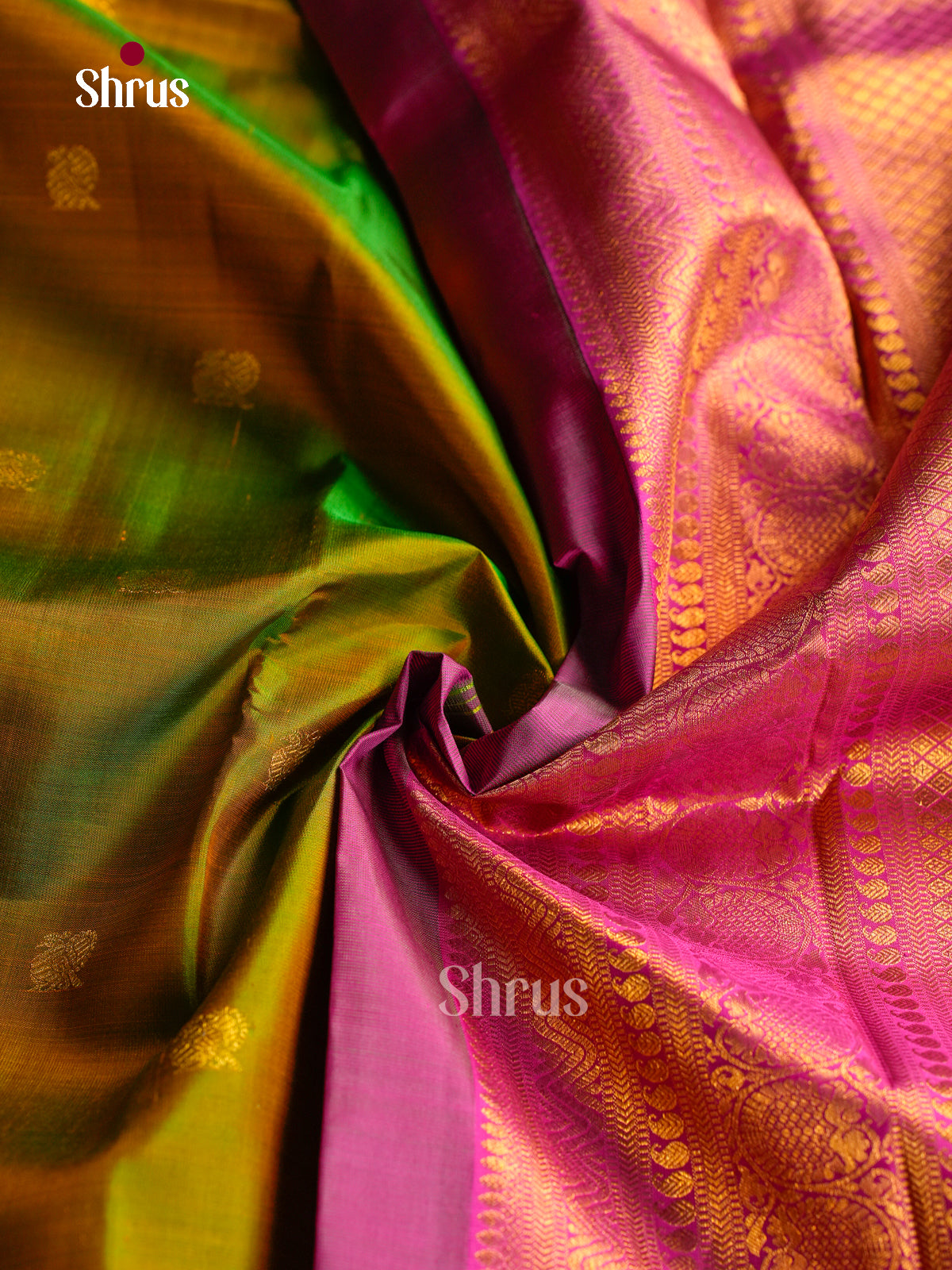 Classic Olive Green Kanchipuram Pattu Saree With Gold Floral Buttas | Magenta Border With Zari Bands