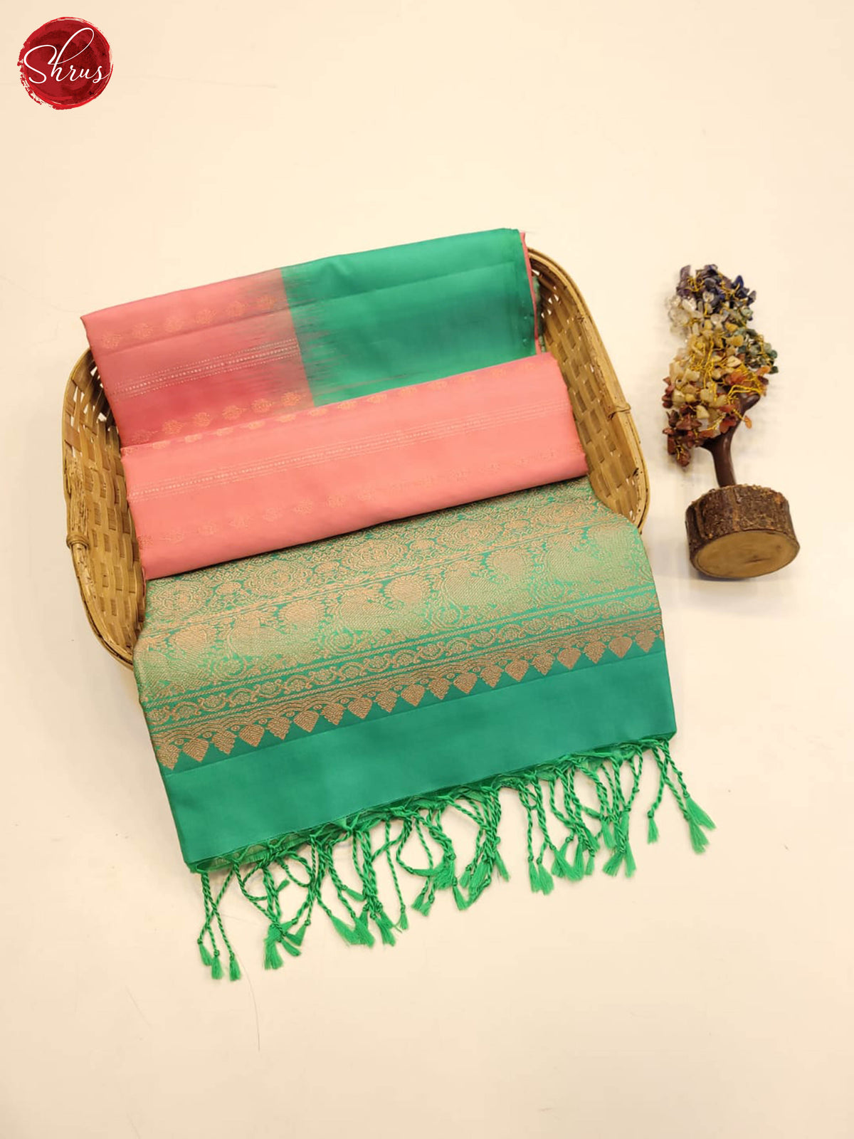 Classic Pastel Peach Kanchipuram Pattu Saree With Micro Stripes, Mint Green Solid Border & Pallu