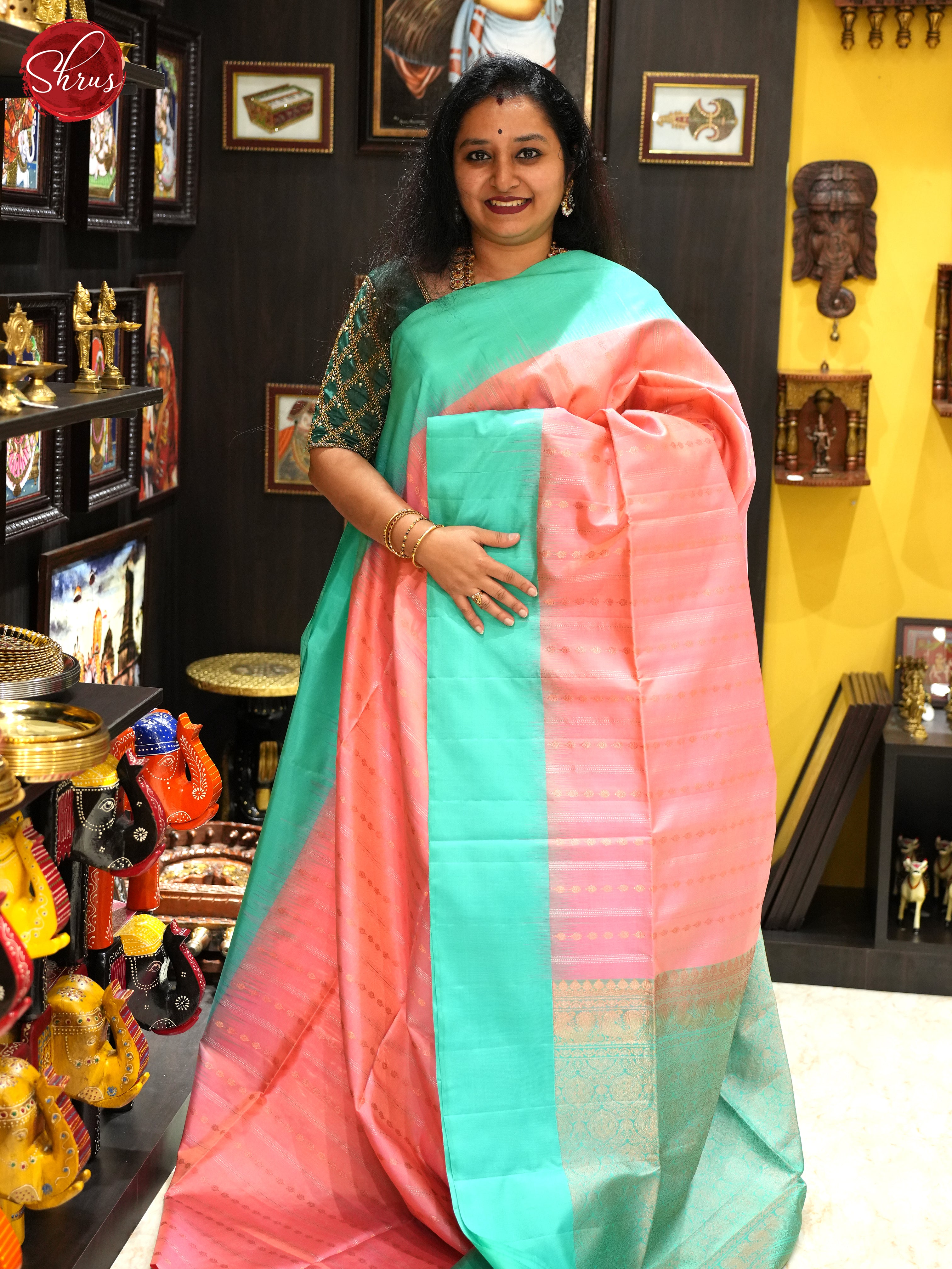 Classic Pastel Peach Kanchipuram Silk Saree With Micro Stripes, Mint Green Solid Border & Pallu