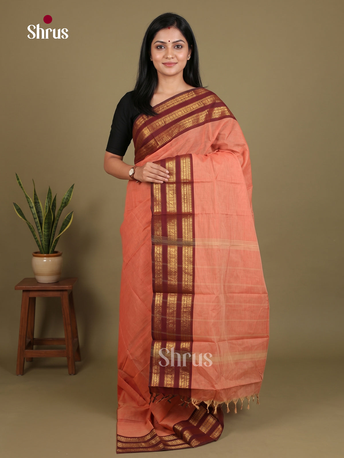 Classic Peach Chettinad Cotton Saree With Maroon Border With Zari Bands & Striped Pallu