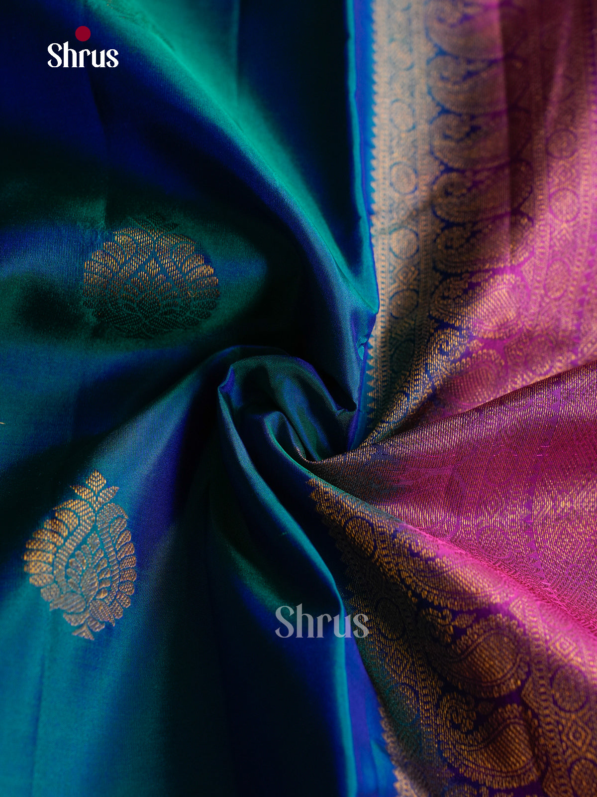 Classic Peacock Blue Silk Saree With Paisley Leaf Motifs | Purple Zari Border & Pallu