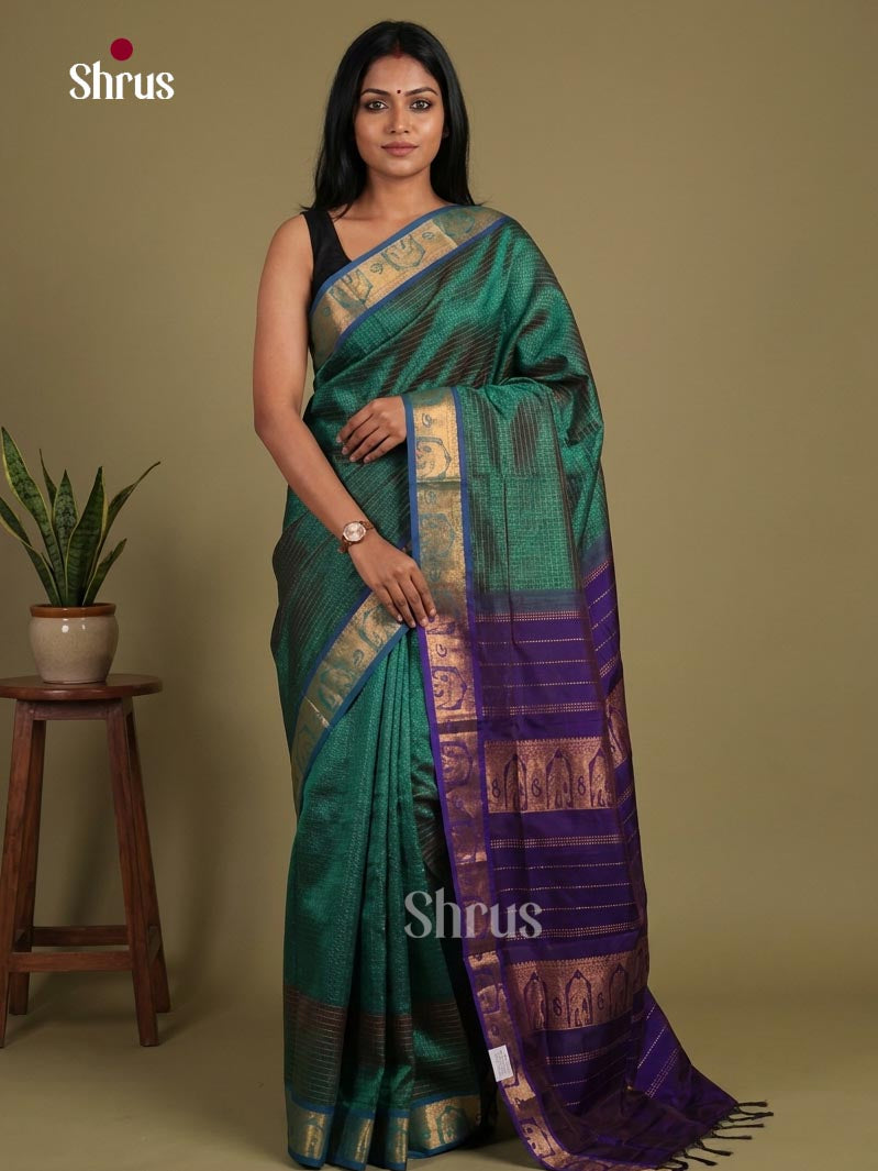 Classic Peacock Green Cotton Silk Saree With Fine Checks, Dots, Violet Zari Woven Border & Traditional Pallu