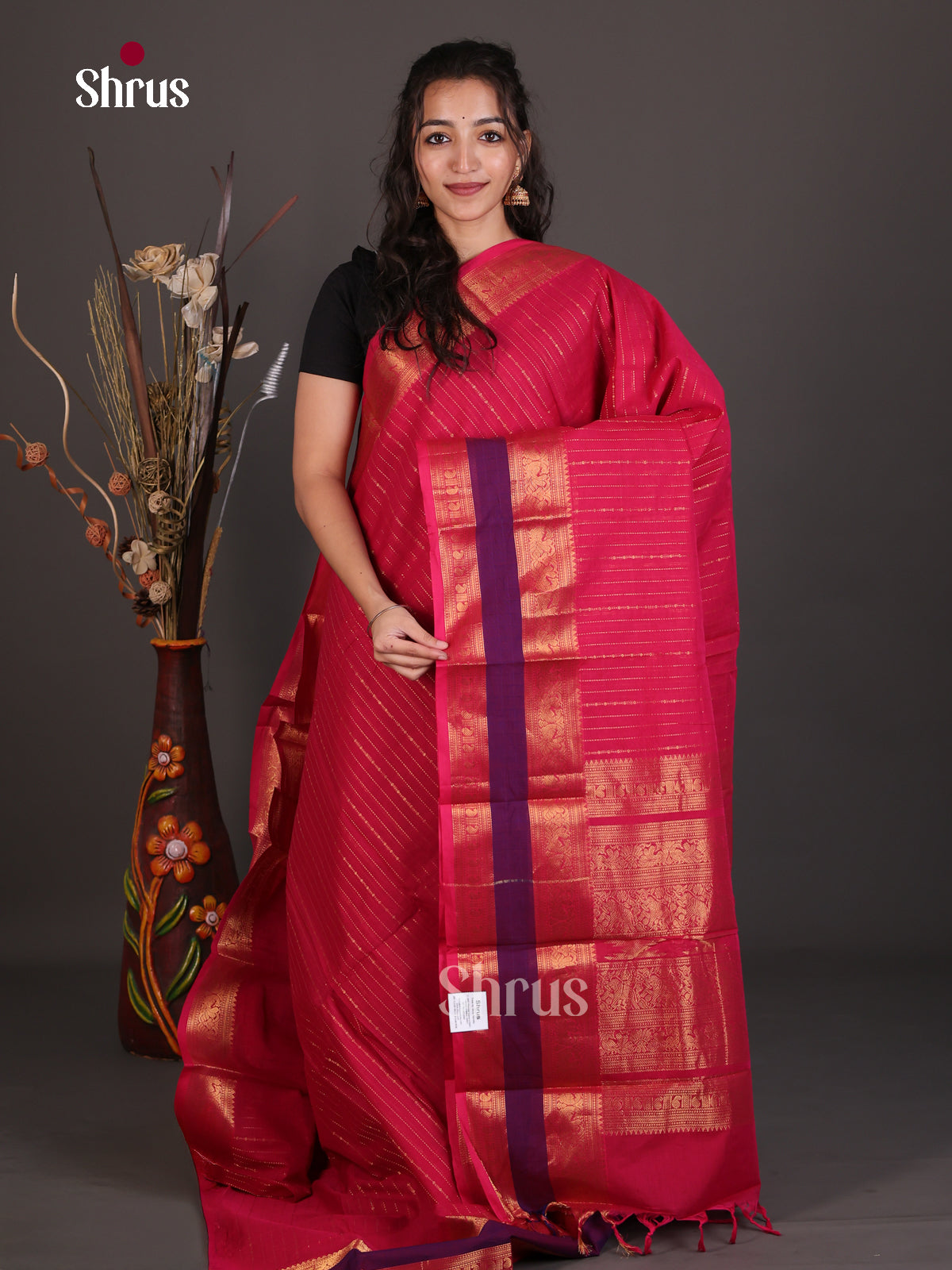 Classic Pink Chettinad Cotton Saree With Golden Stripes, Rettapet Zari Border & Pallu