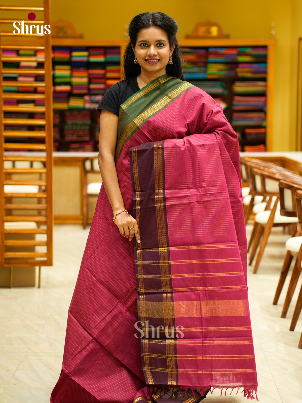 Classic Pink Chettinad Cotton Saree With Stripes, Ganga Jamuna Rettapet Zari Border & Pallu