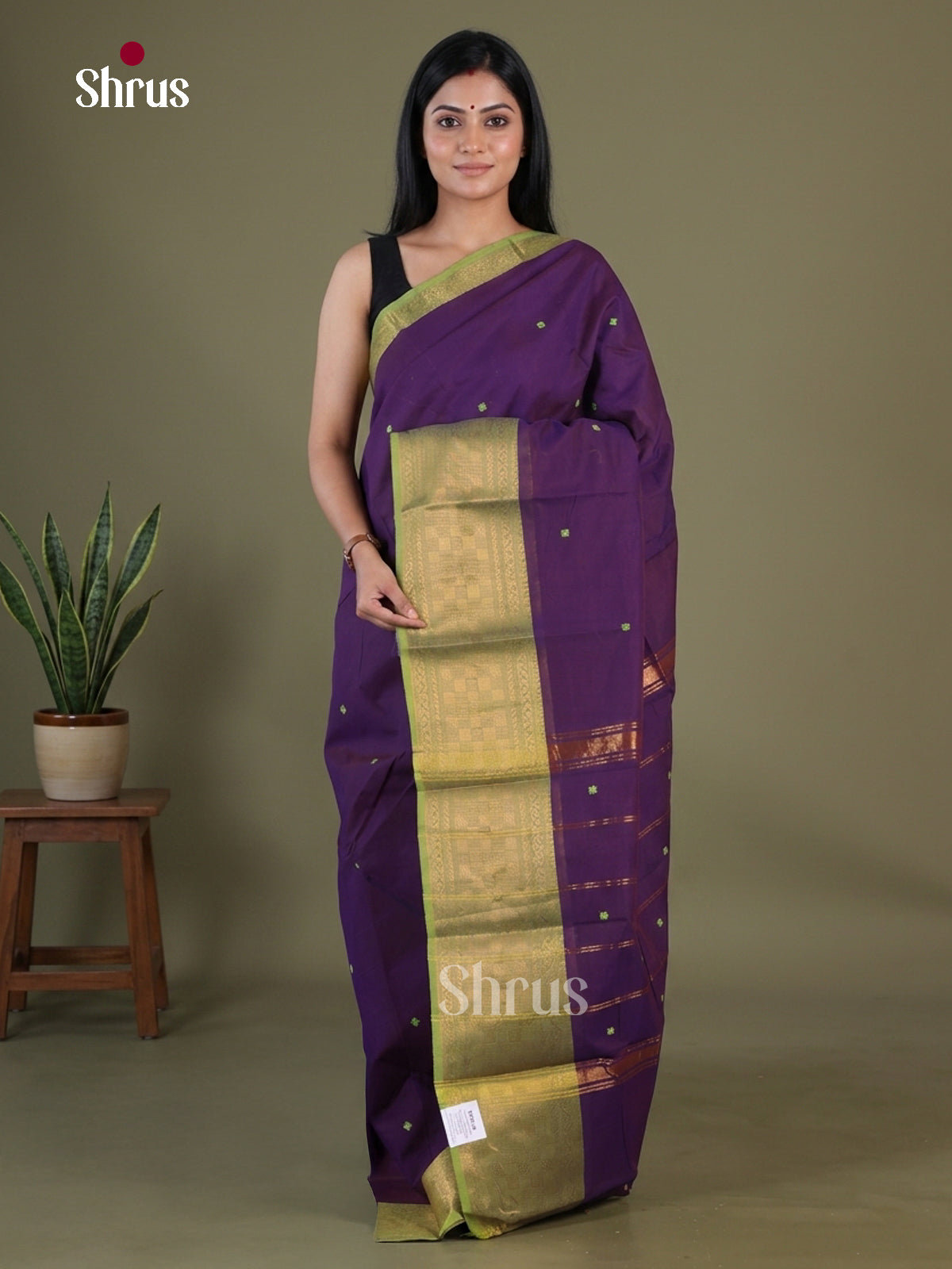 Classic Violet Chettinad Saree With Thread Buttas & Light Green Border With Checks Patterns