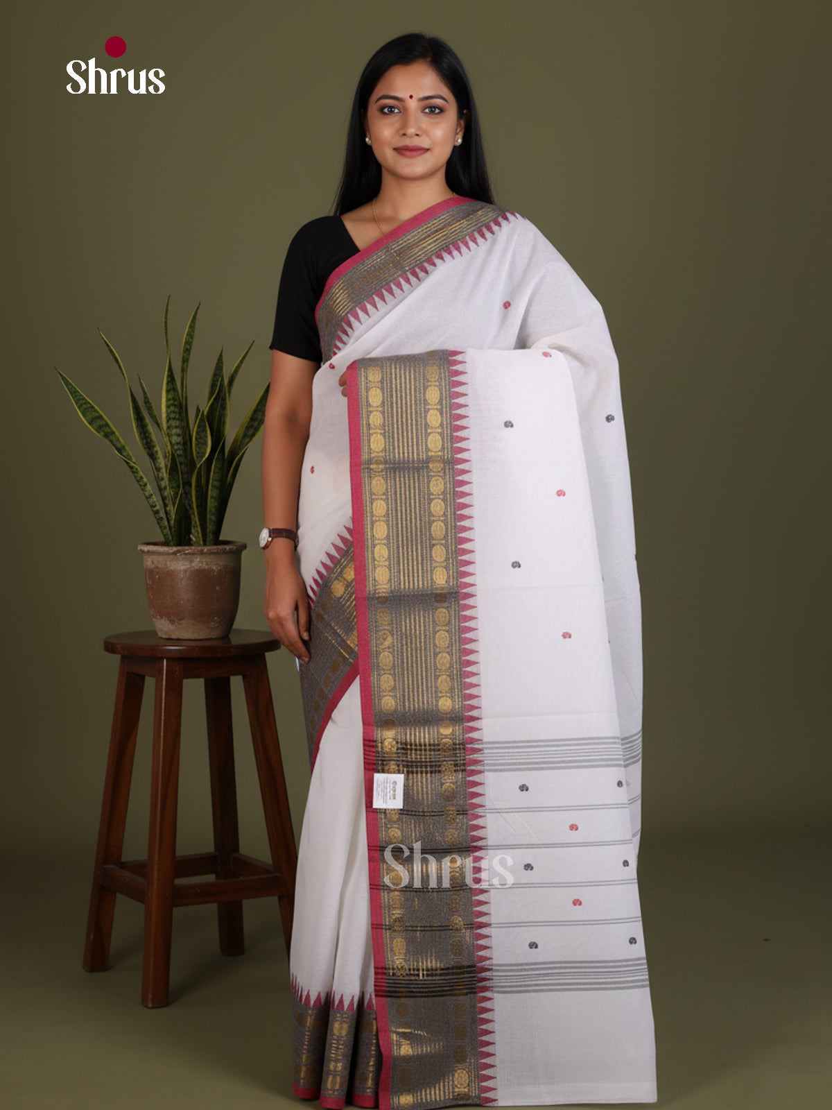 Classic White Chettinad Cotton Saree With Thread Buttas & Maroon Temple Zari Border