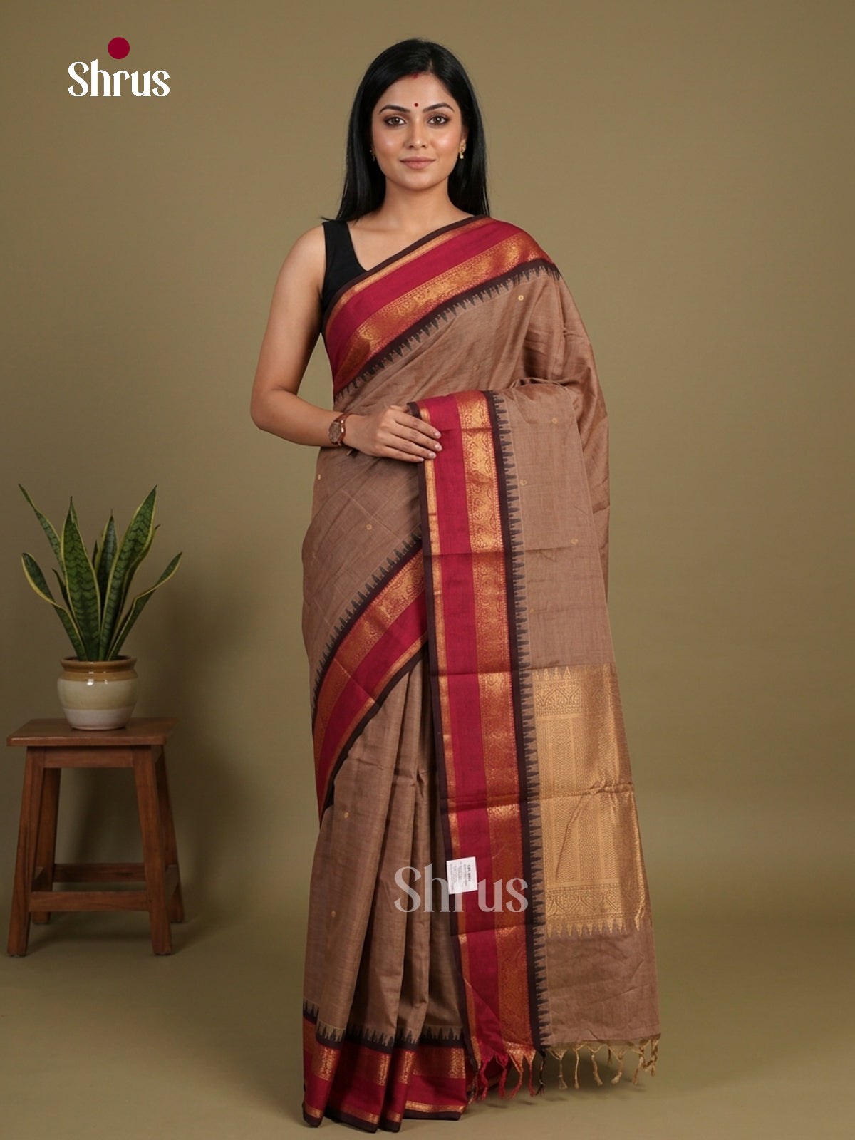 Classy Beige Chettinad Cotton Saree With Thread Buttas & Magenta Temple Zari Border