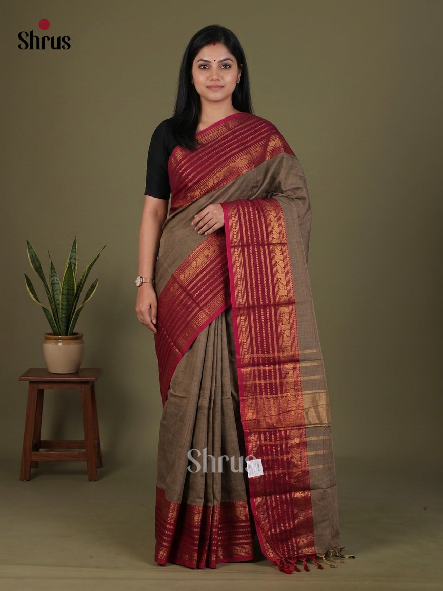 Classy Brown Chettinad Cotton Saree With Plain Body & Maroon Striped Zari Border