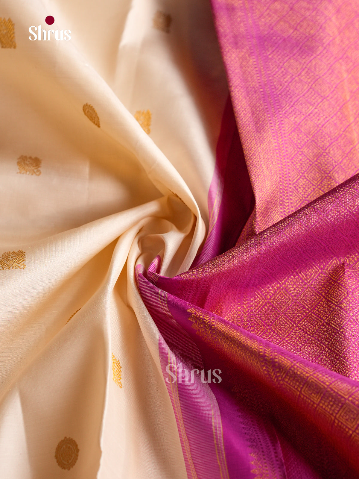Classy Cream Silk Saree With Rudraksh & Annapakshi Buttas | Magenta Pink Rettapet Zari Border
