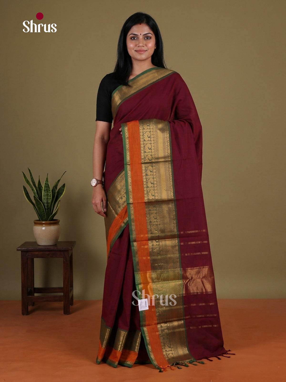 Classy Deep Maroon Chettinad Cotton Saree With plain Body, Green Zari Body & Traditional Pallu