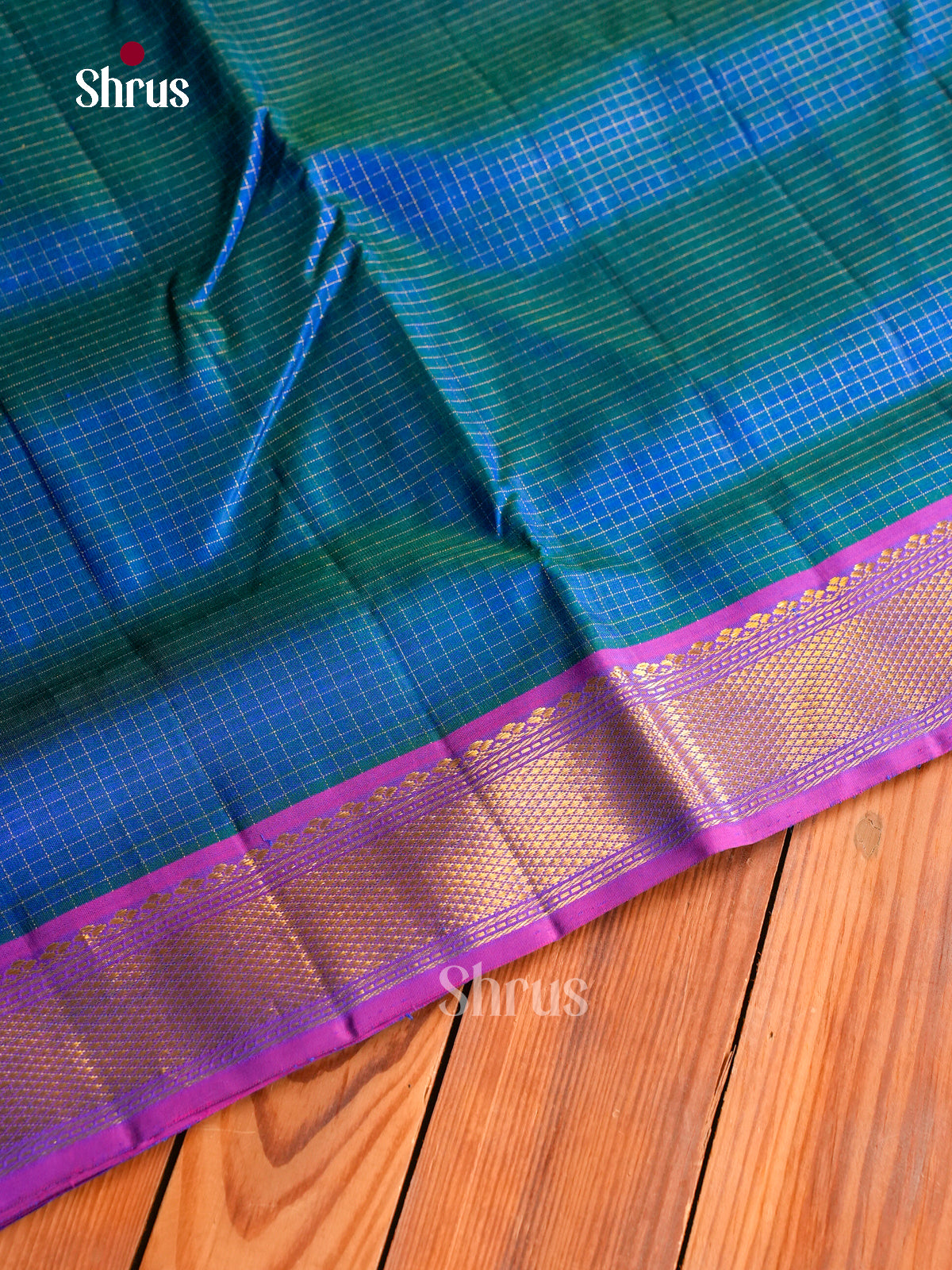 Classy Dual Tone Blue 9Yards Kanchipuram Sarees With Small Checks | Violet Zari Border & Pallu