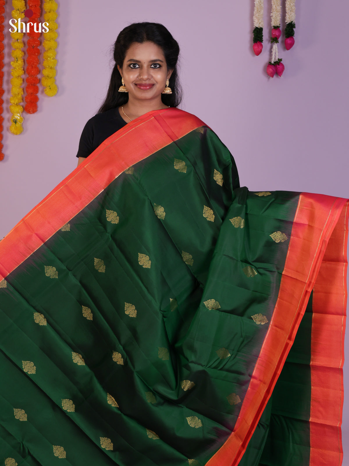 Classy Green Kanchipuram Silk Sarees with Floral Motifs & Orangish Pink Zari Border & Pallu