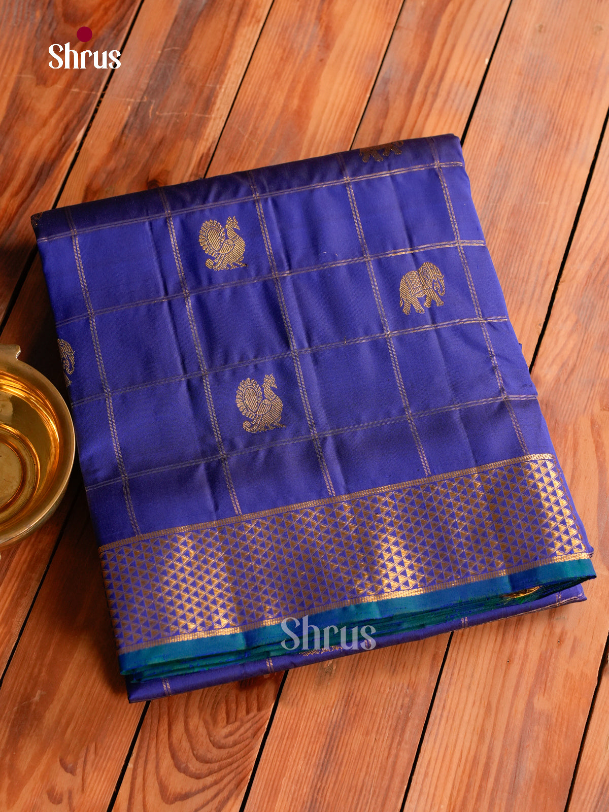 Classy Indigo 9Yards Kanchipuram Saree With Fine Stripes & Buttas | Self Zari Border & Pallu