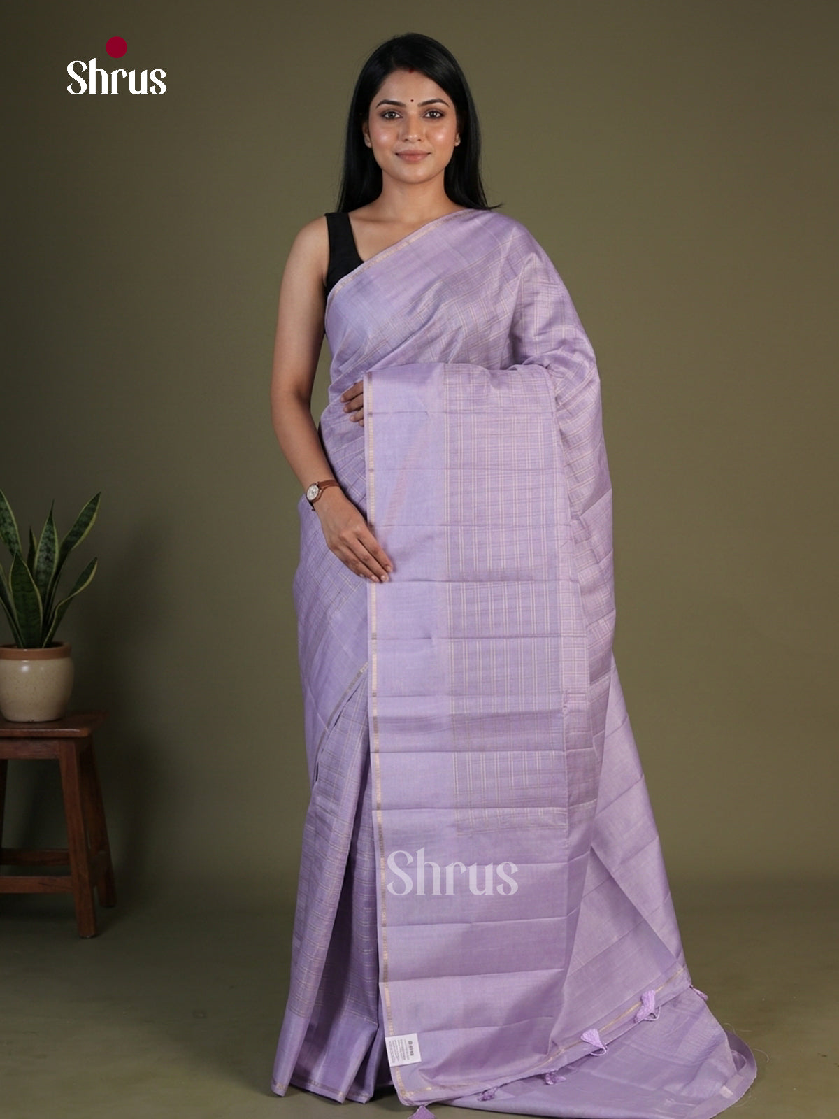 Classy Lavender Semi Raw Silk Saree With Zari Checks, Plain Border & Pallu