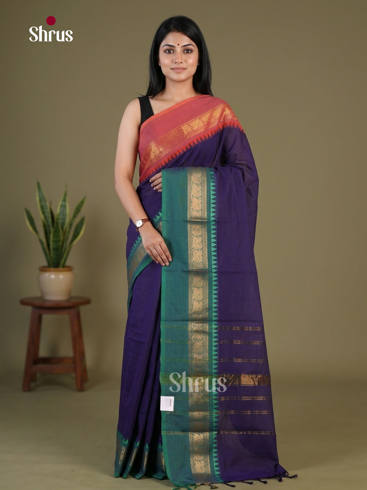 Classy Navy Blue Chettinad Cotton Saree With Plain Body & Ganga Jamuna Temple Zari Border