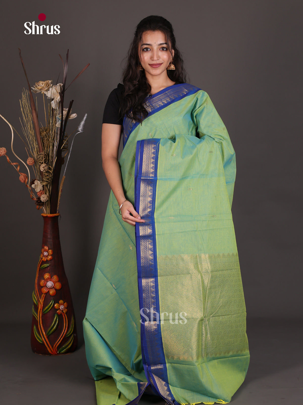 Classy Pista Green Chettinad Cotton Saree With Small Buttas & Blue Temple Zari Border