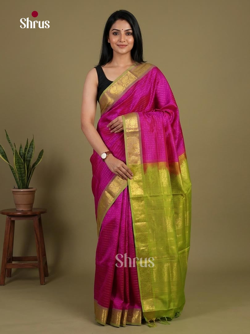 Classy Rani Pink Cotton Silk Saree With Fine Micro Checks, Lime Green Zari Border & Brocade Pallu