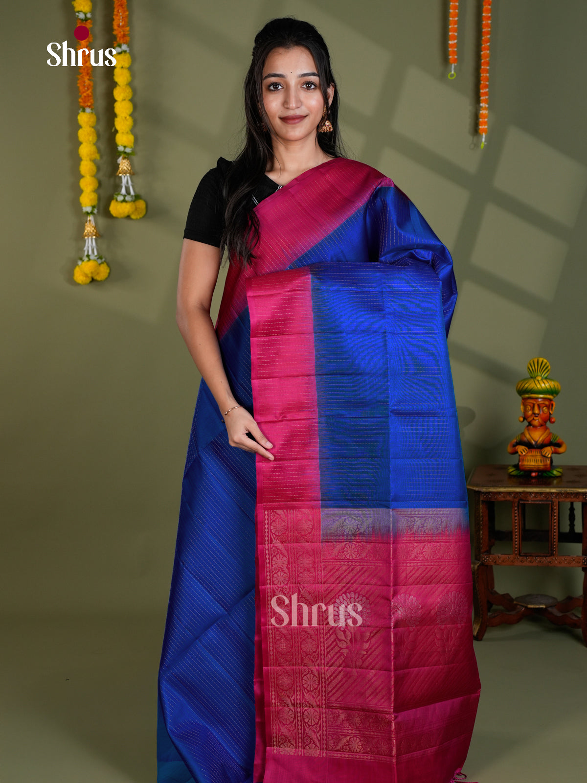 Buy Radiant Cobalt Blue Soft Silk Saree With Magenta Border & Brocade Pallu
